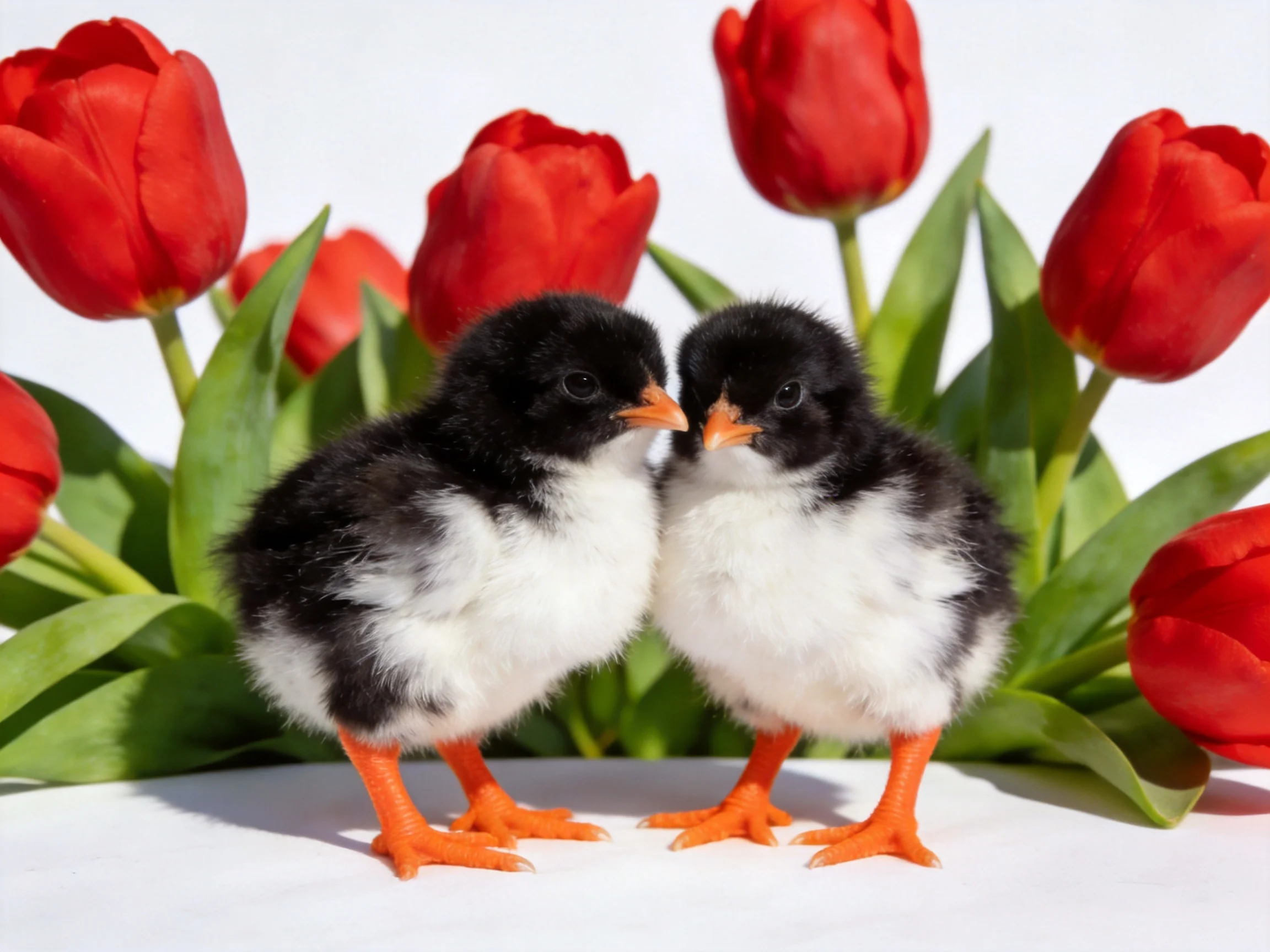 Two fluffy black-and-white chicks next to vivid red tulips