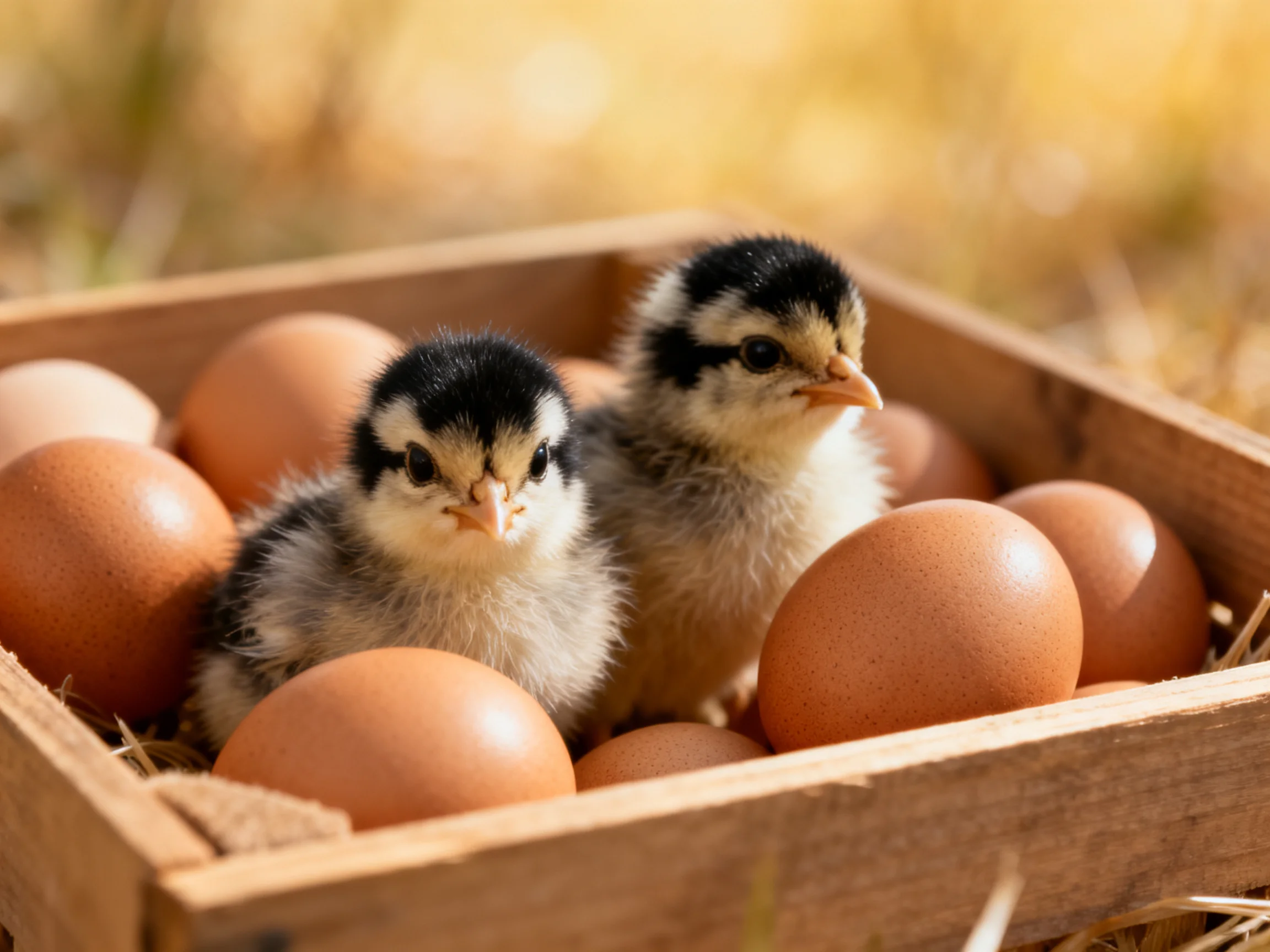 Two chicks rest amid eggs in a wooden box.