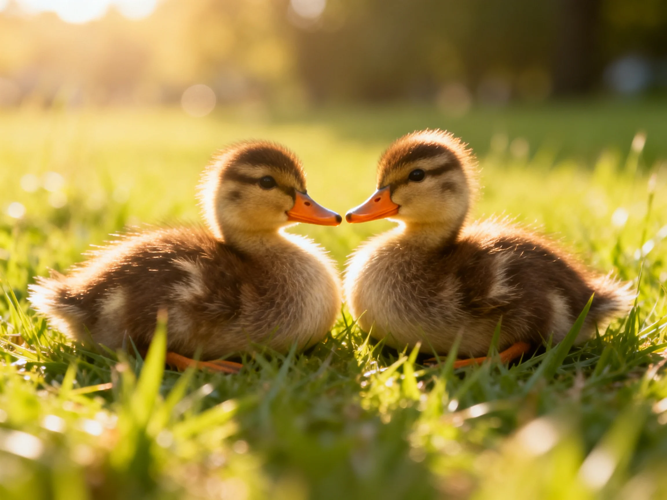 Two fluffy brown-and-yellow ducklings nuzzle on sunlit green grass