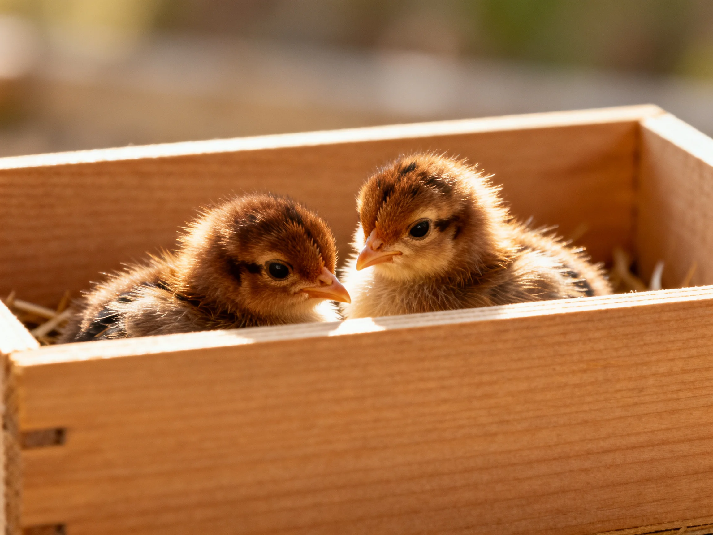 Two fluffy brown chicks nestled in a light wooden crate with straw