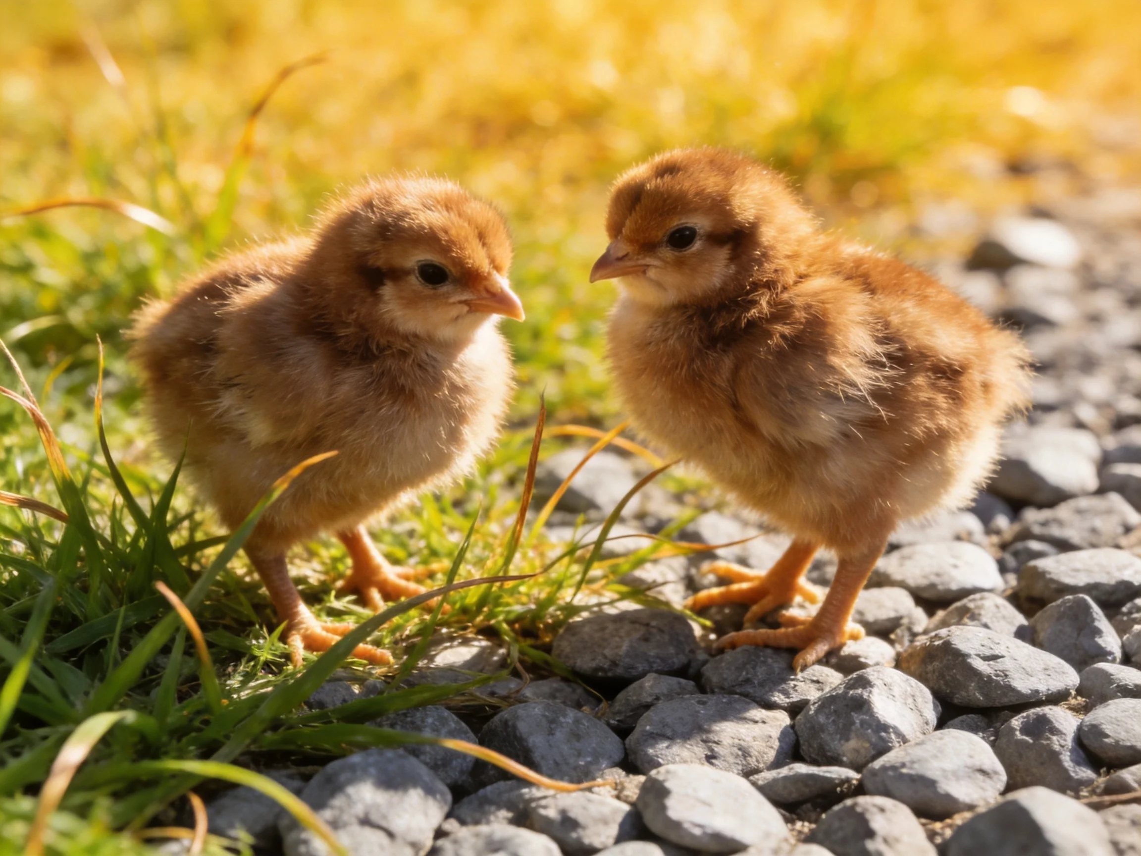 Two fluffy brown chicks stand by pebbles amid green grass under bright sunlight