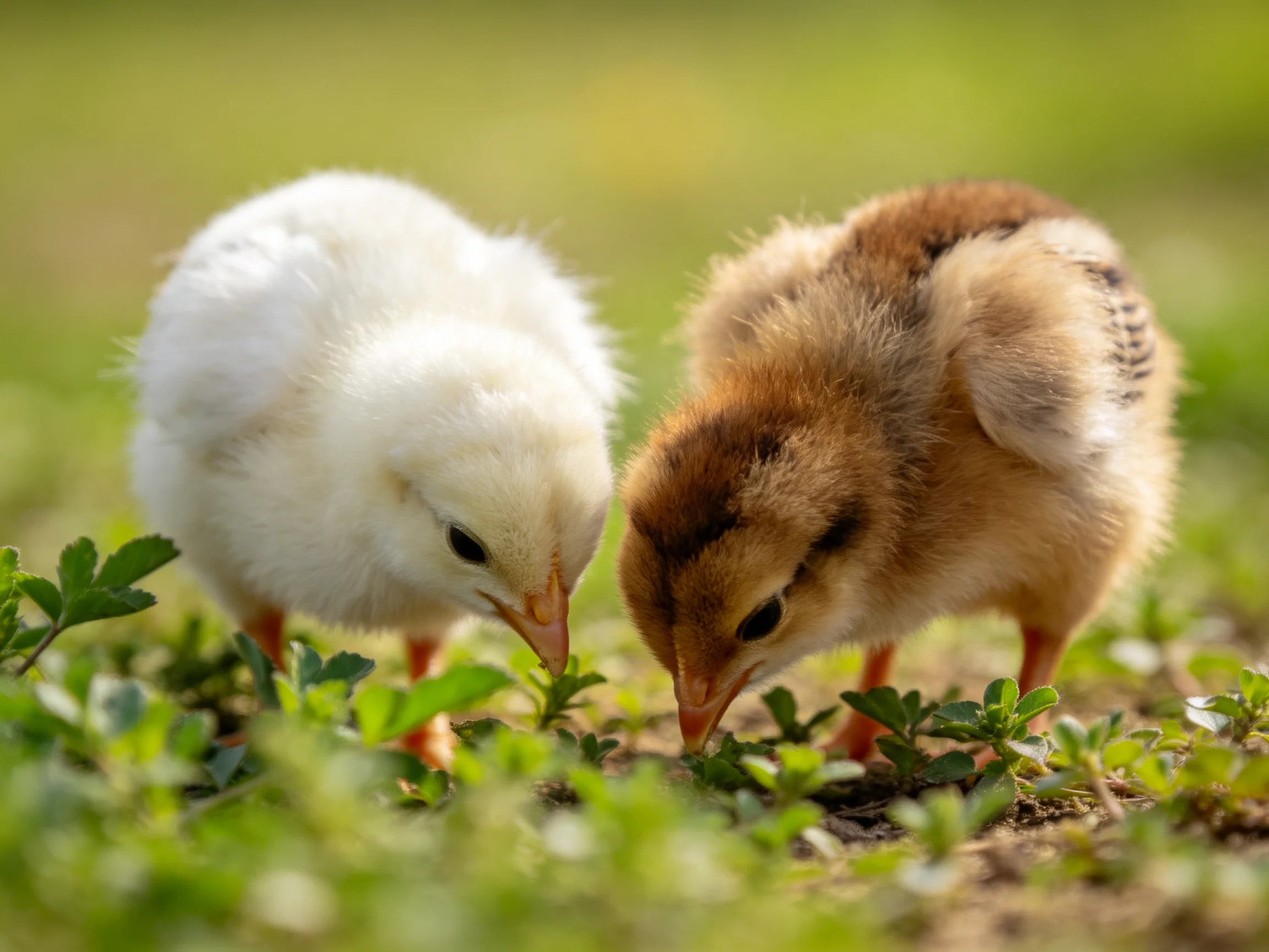 Two fluffy chicks foraging among lush green foliage