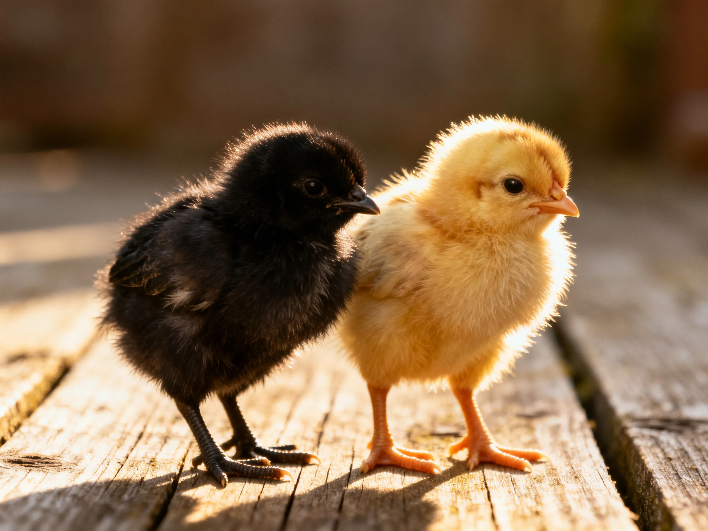 Two fluffy chicks, one black and one yellow, stand on weathered wooden planks