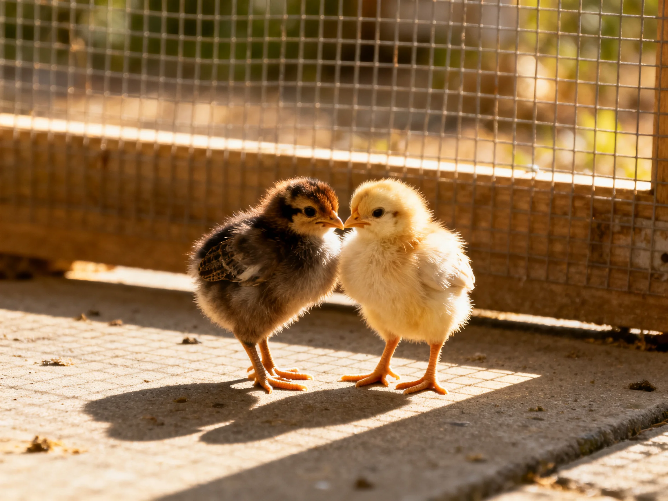 Two fluffy chicks, one brown and one yellow, stand by a wire fence