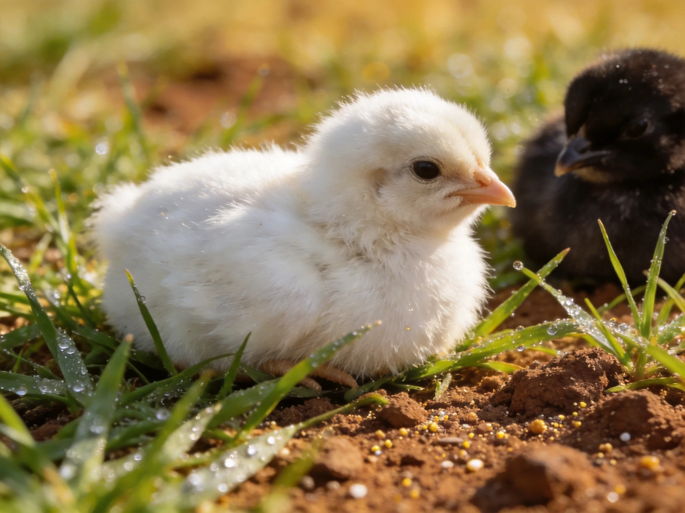 Two fluffy chicks, one white and one black, rest on dewy grass near dirt