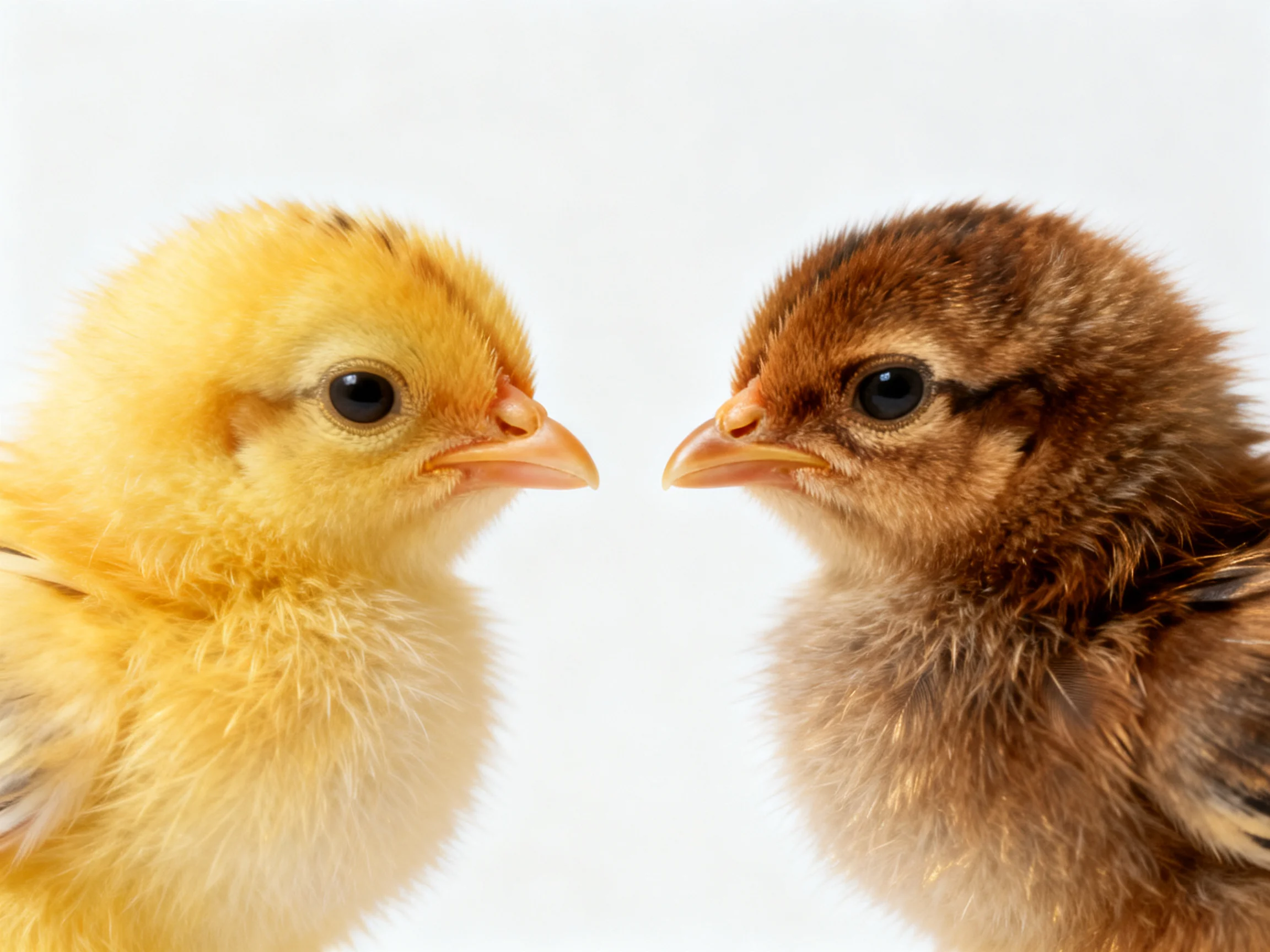 Two fluffy chicks, one yellow, one brown, face each other