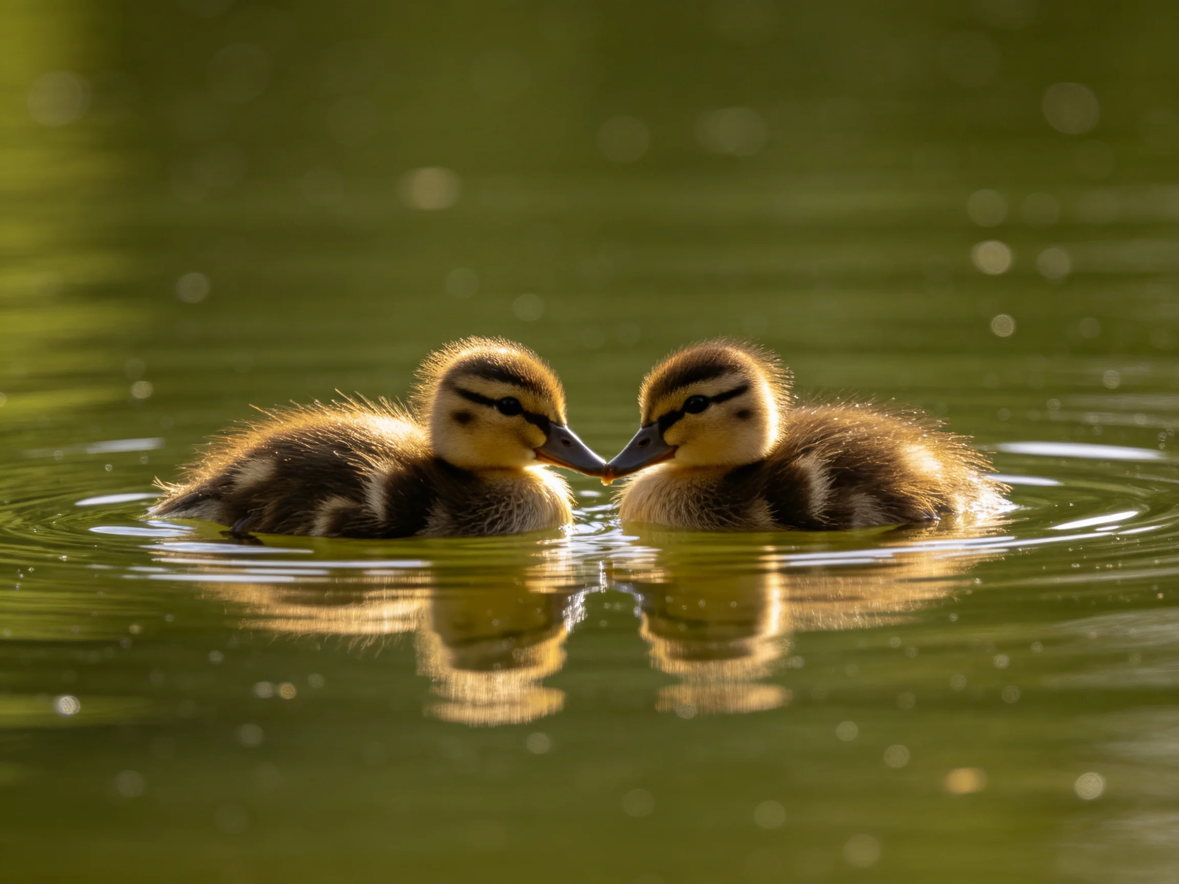 Two fluffy ducklings nuzzle in calm green water