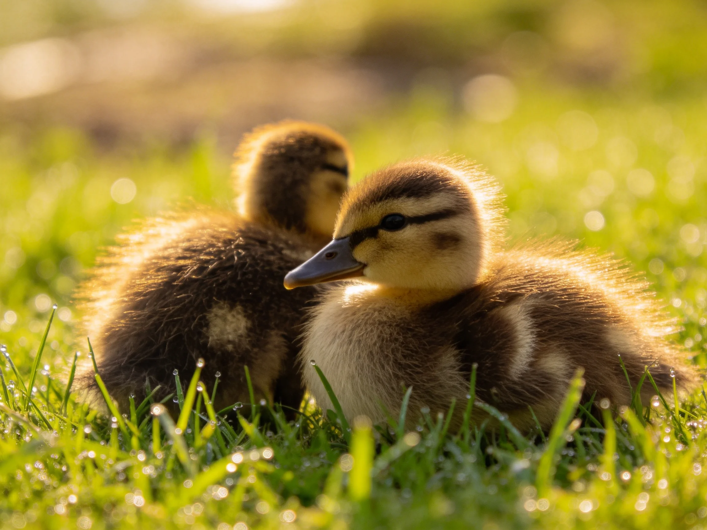 Two fluffy ducklings rest on dewy green grass in golden sunlight
