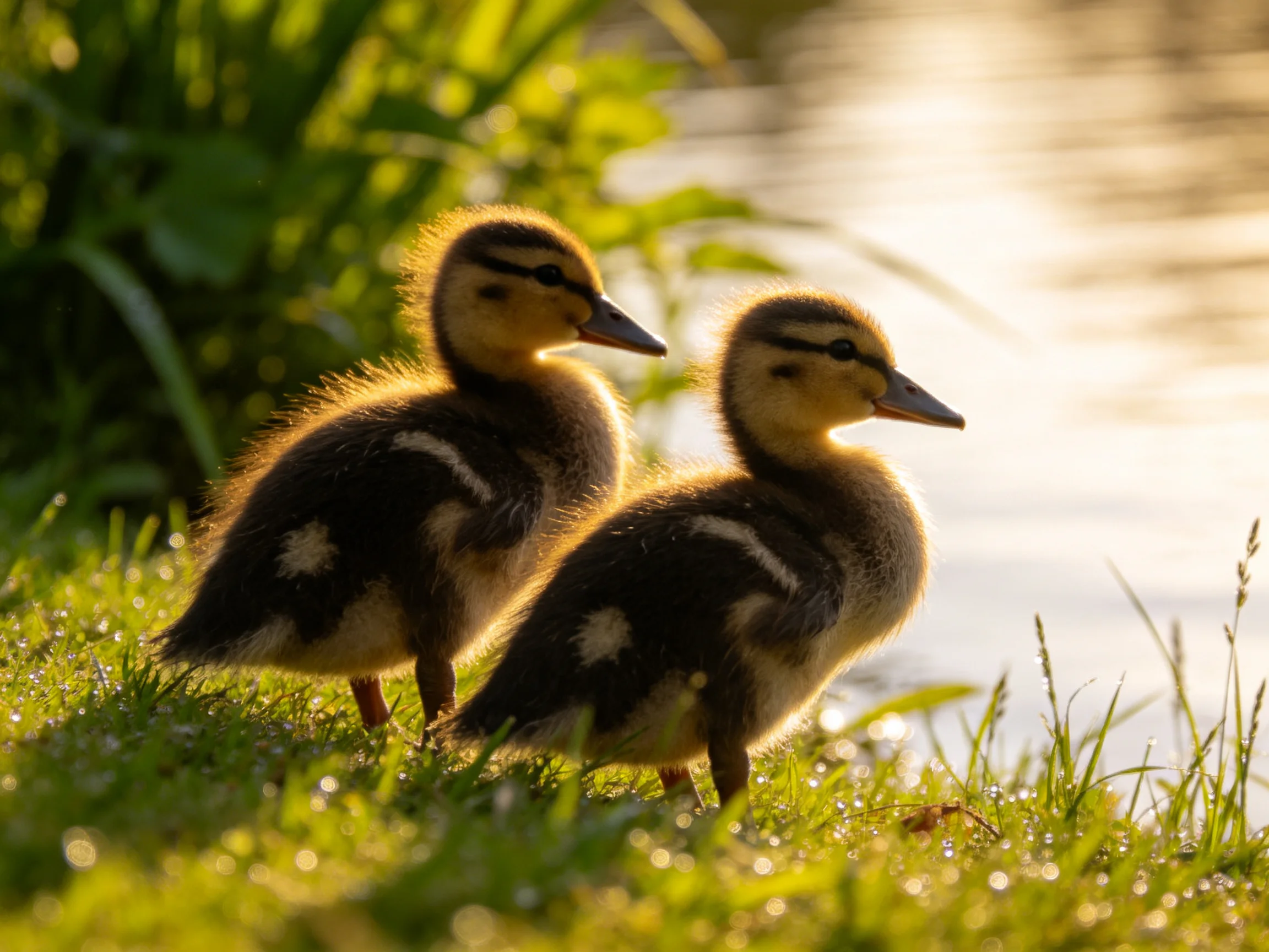 Two fluffy ducklings with brown and yellow feathers near a sunlit water edge