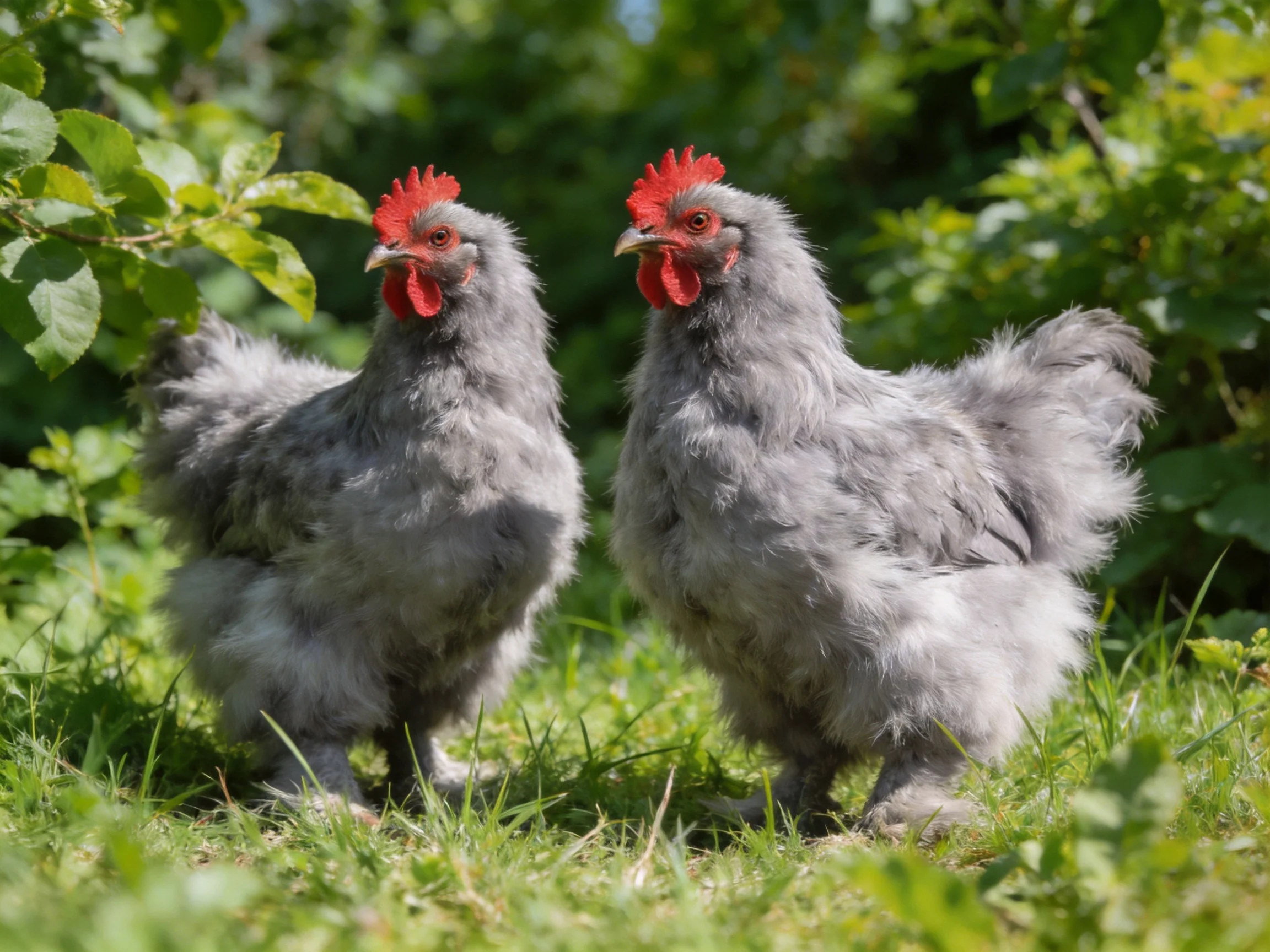 Two fluffy gray chickens with bright red combs in a sunlit green garden