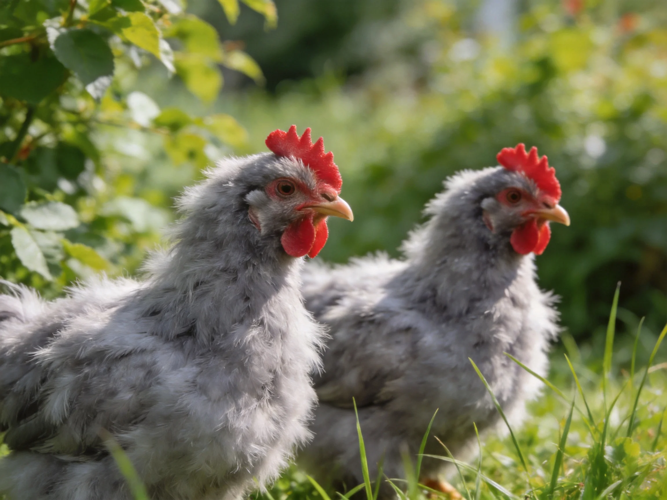 Two fluffy gray chickens with red combs in a sunlit garden