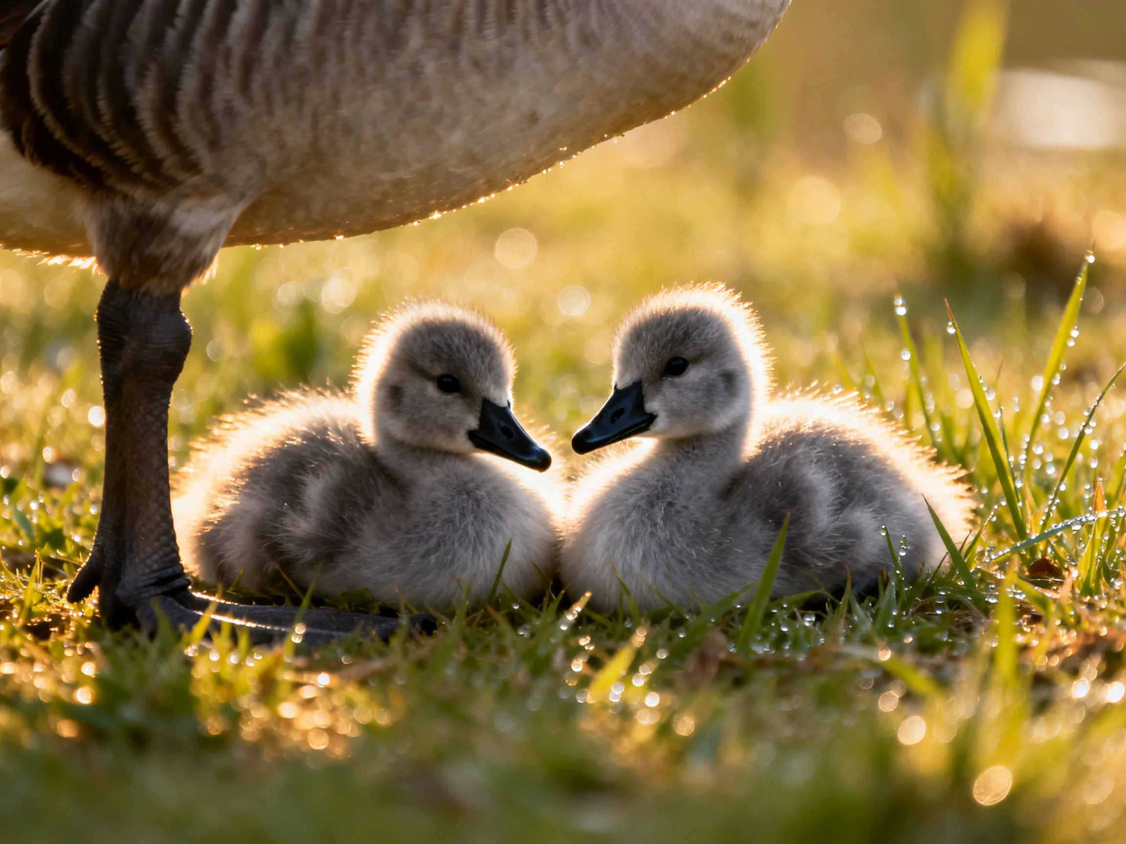 Two fluffy grey cygnets nestle beside an adult swan’s leg on dewy grass