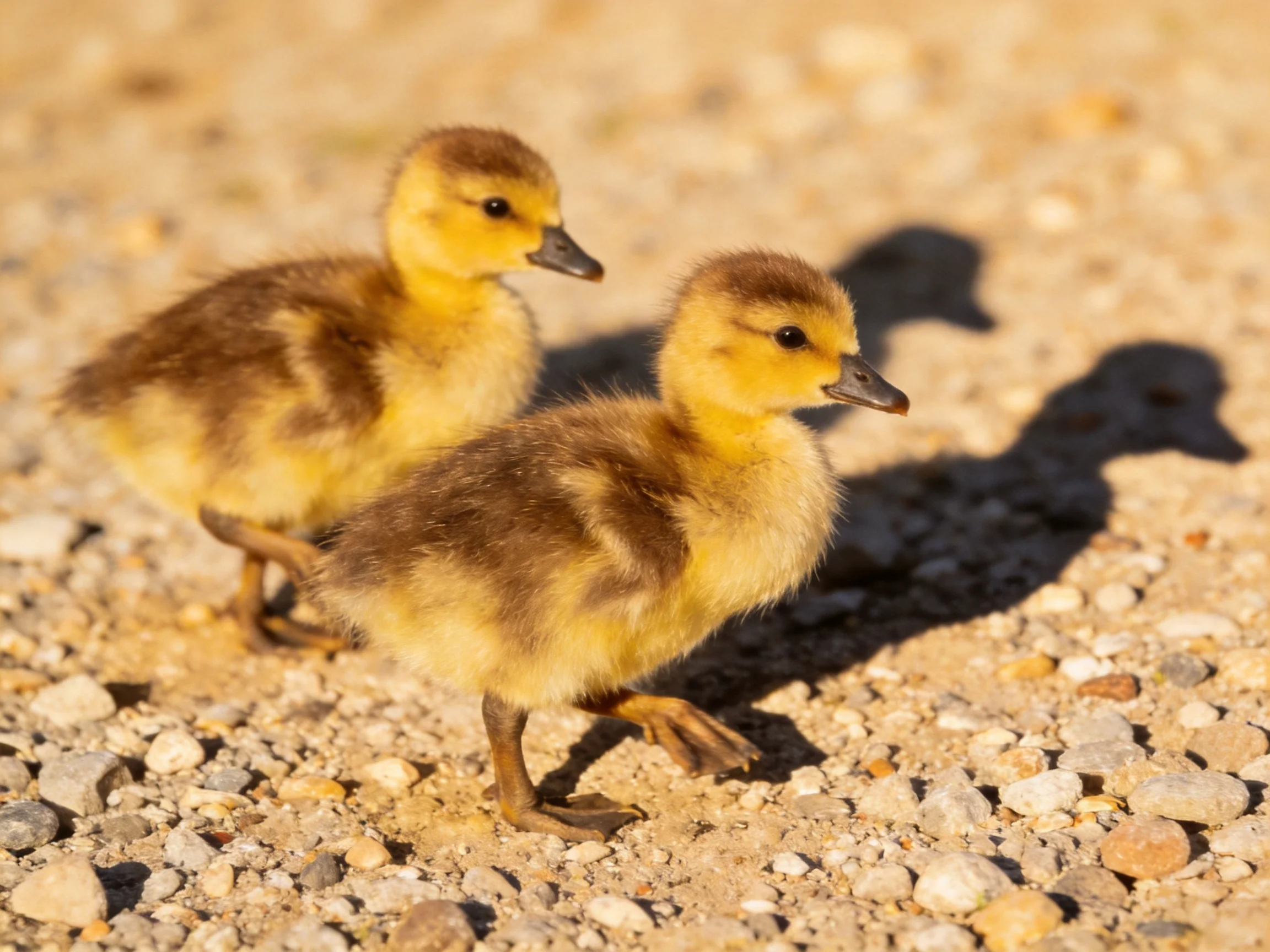 Two fluffy yellow-brown ducklings walk on a gravel path under bright sunlight