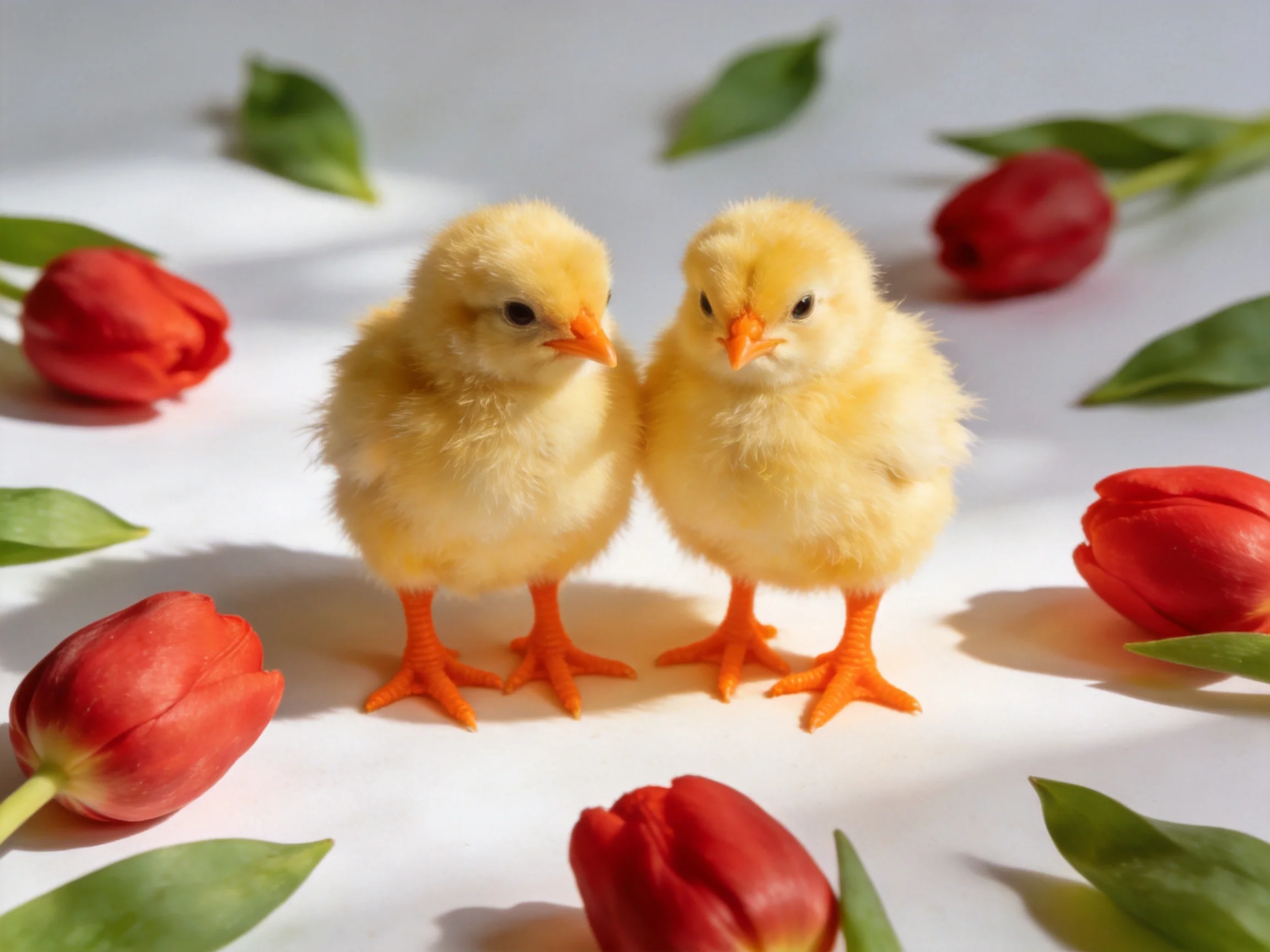 Two fluffy yellow chicks among vibrant red tulips and green leaves