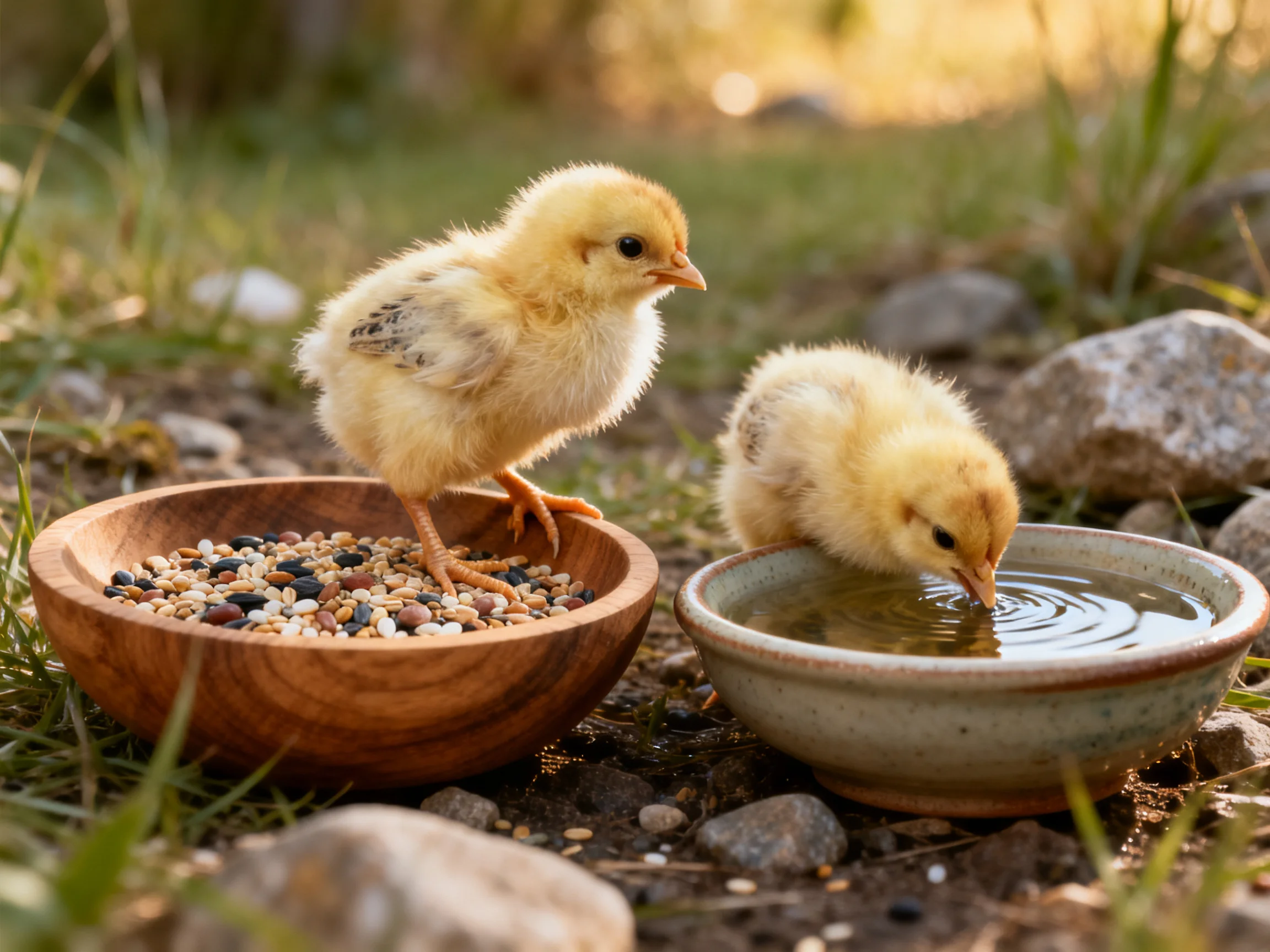Two fluffy yellow chicks by wooden seed bowl and ceramic water dish outdoors