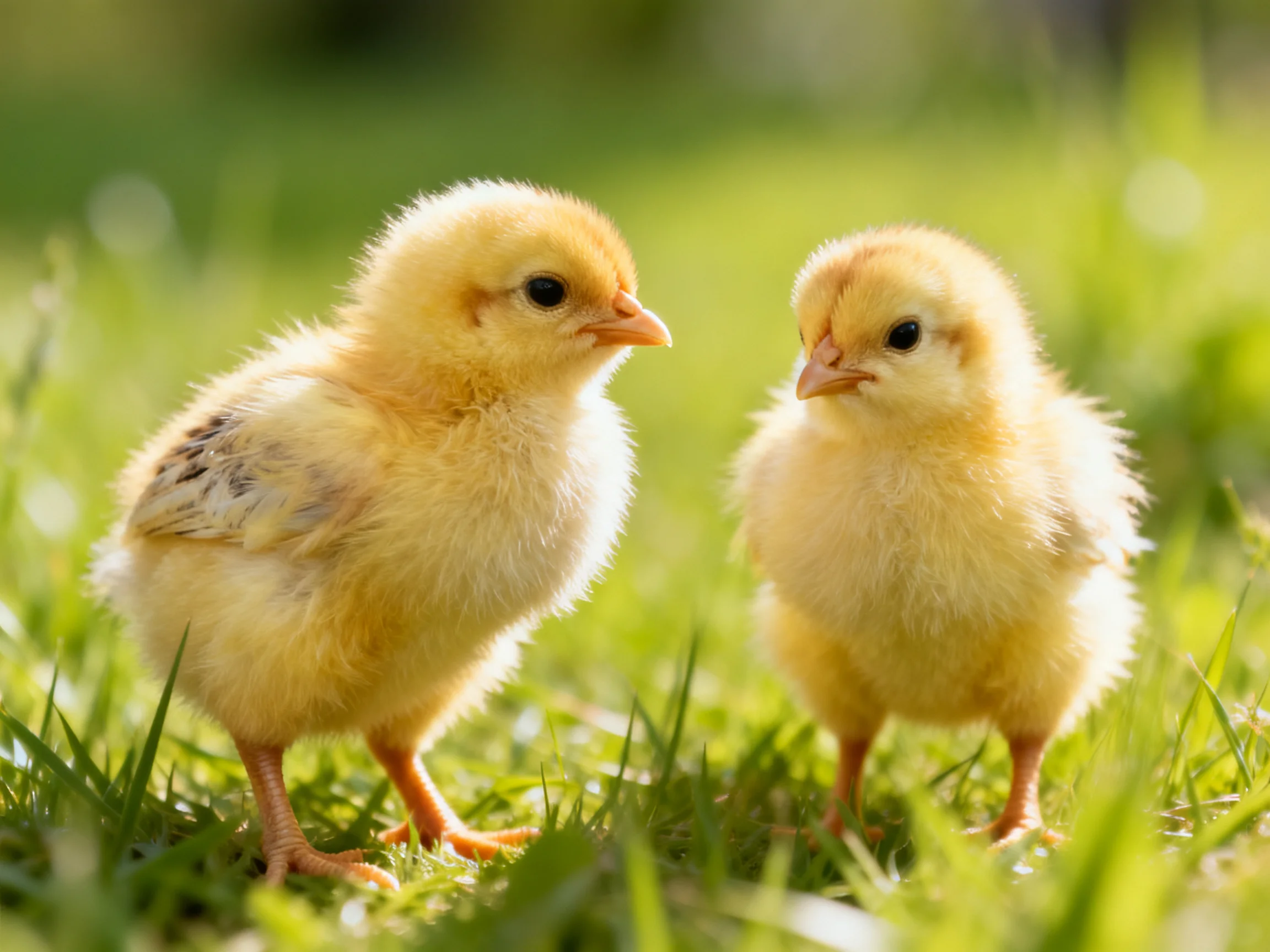 Two fluffy yellow chicks interacting on a grassy field