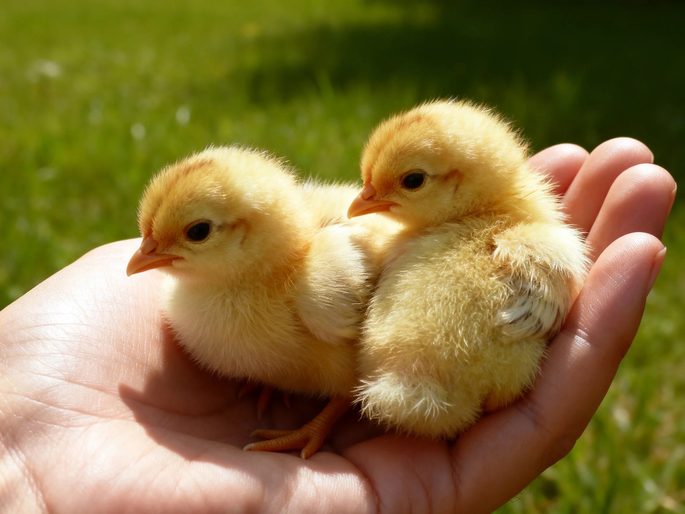 Two fluffy yellow chicks nestled in an open hand with green grass backdrop