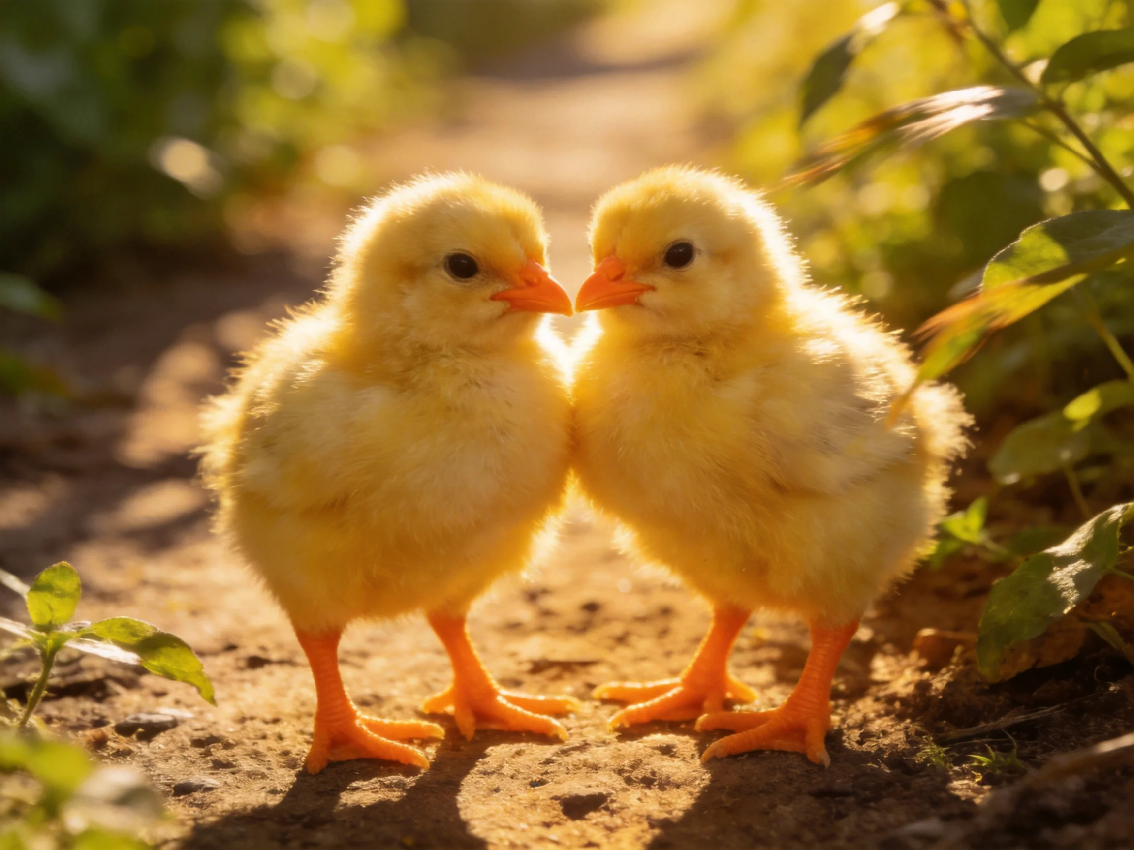 Two fluffy yellow chicks nuzzling closely on a sunlit dirt path