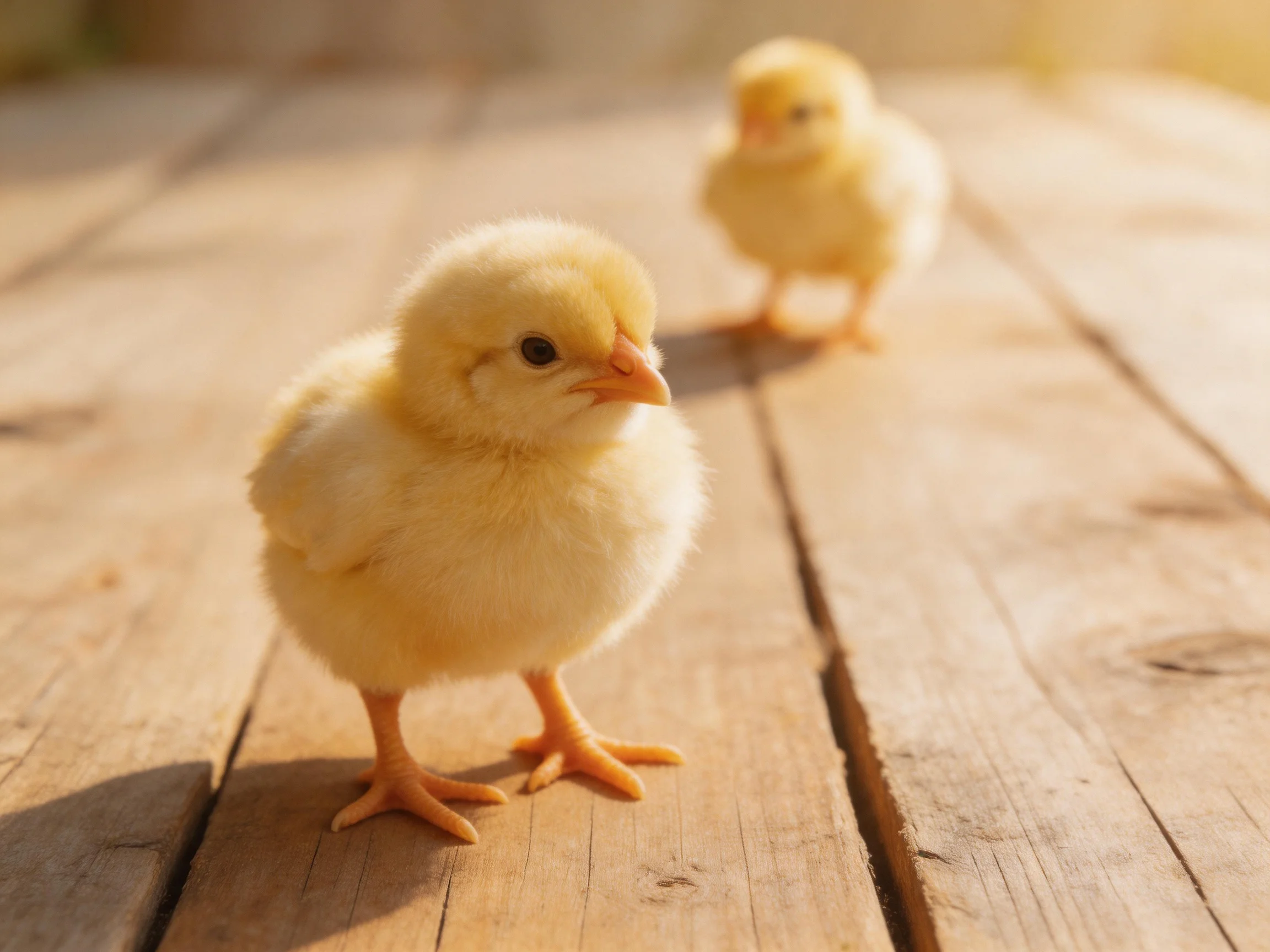 Two fluffy yellow chicks stand on aged wooden planks