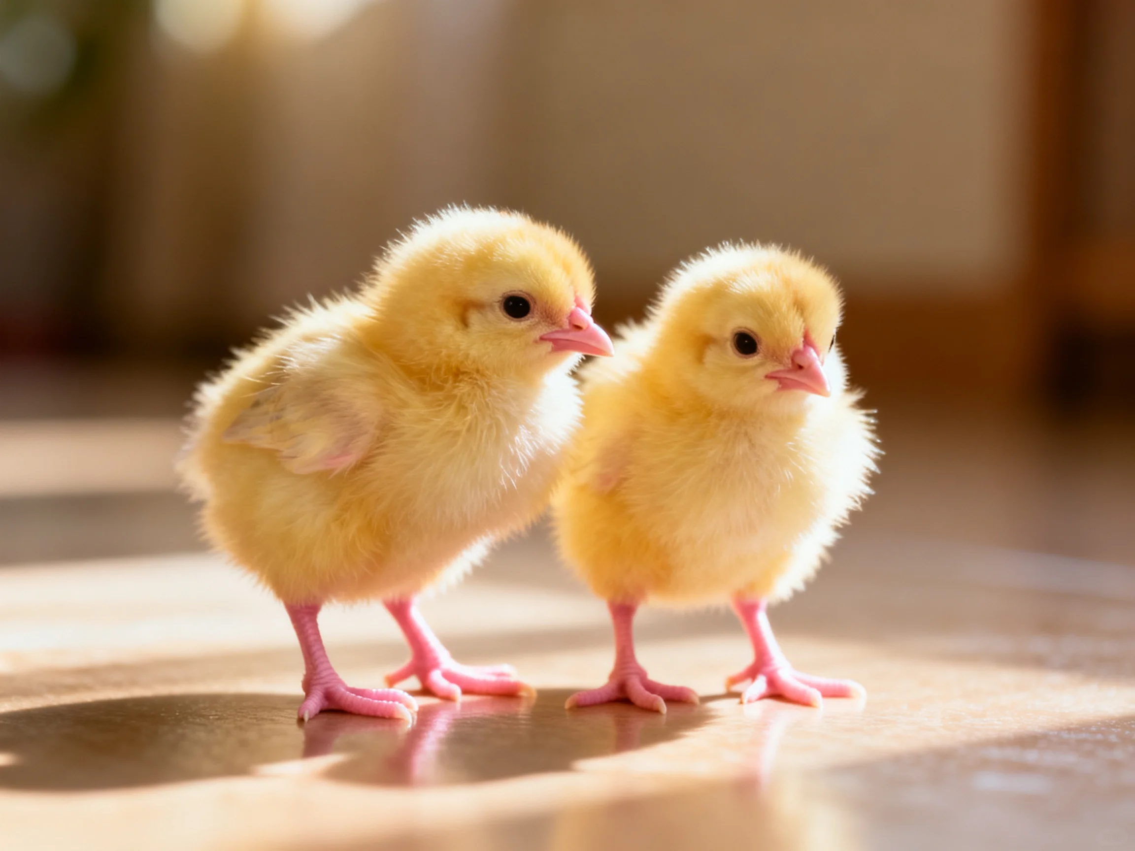 Two fluffy yellow chicks standing close together on a smooth surface