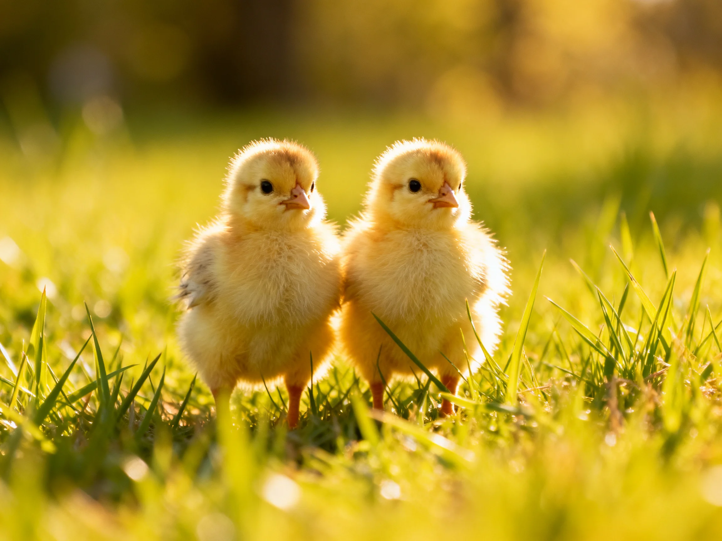 Two fluffy yellow chicks standing side by side in lush green grass