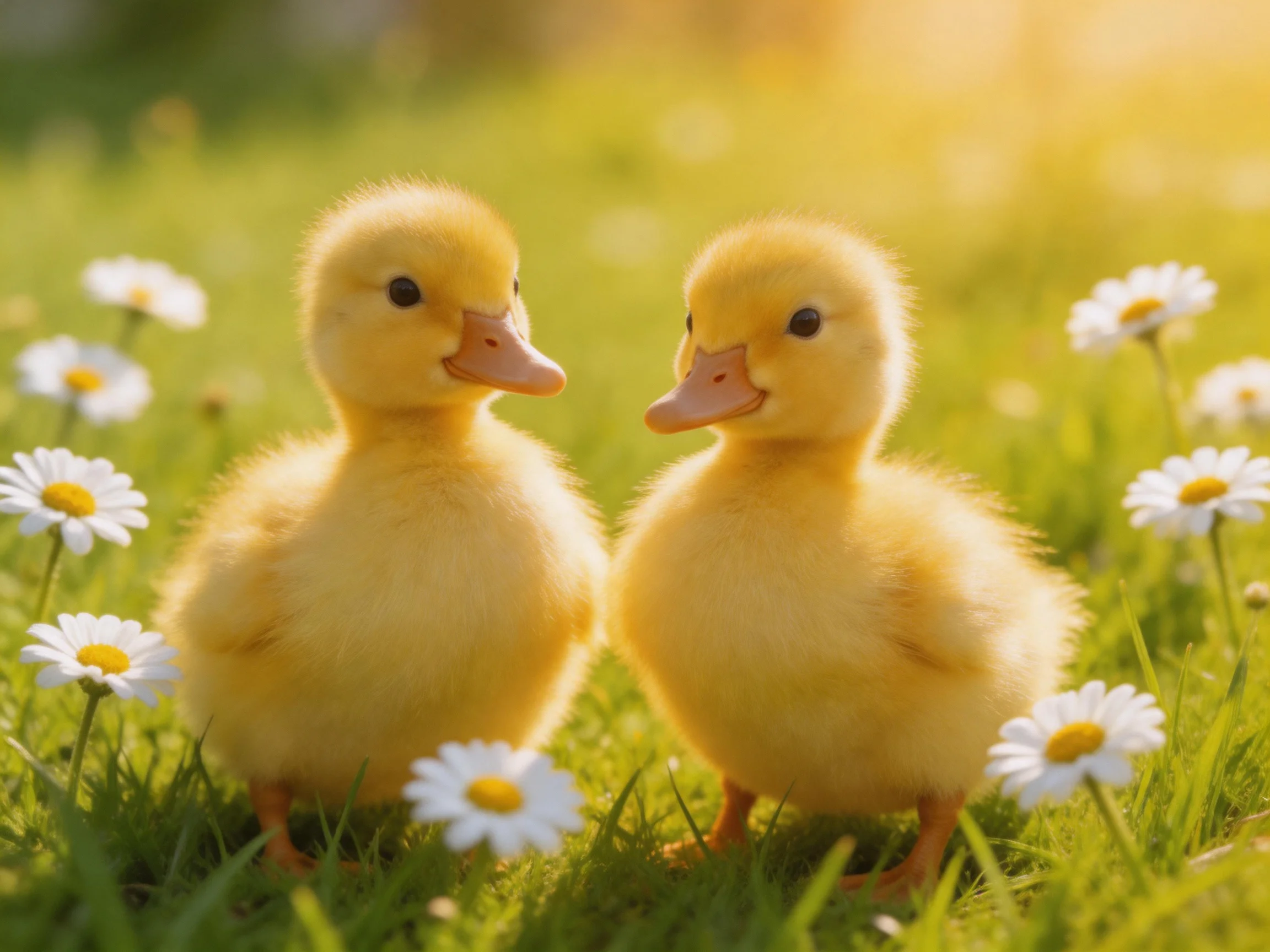 Two fluffy yellow ducklings among white daisies in green grass