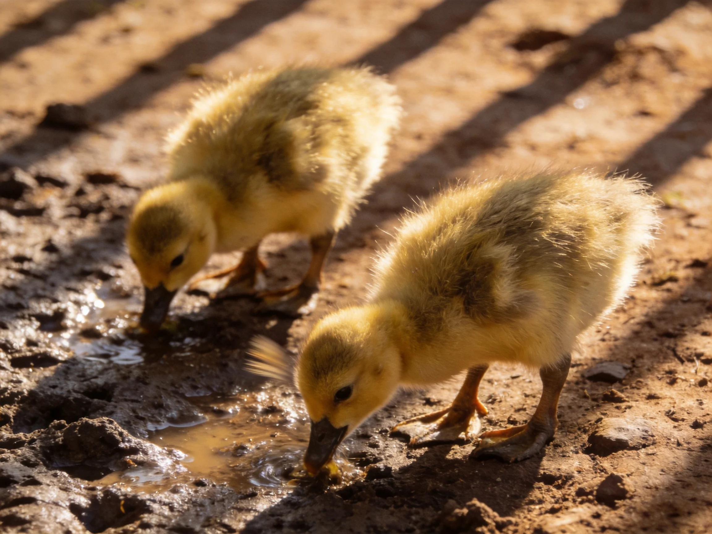 Two fluffy yellow ducklings drinking from muddy puddles on a sunlit dirt path