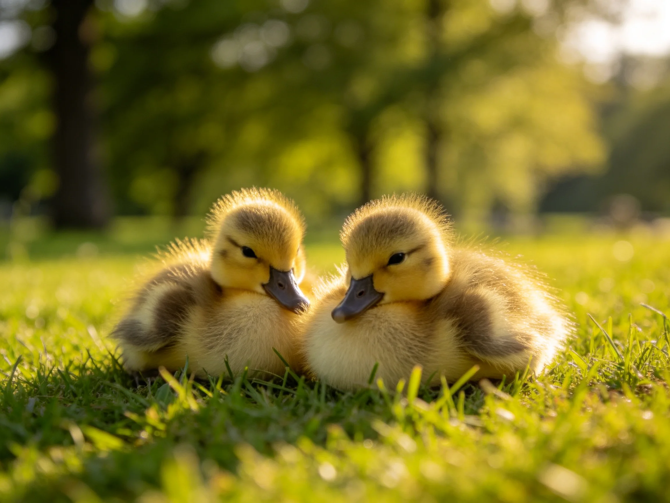 Two young ducklings sit closely together on sunlit grass with a blurred natural backdrop.