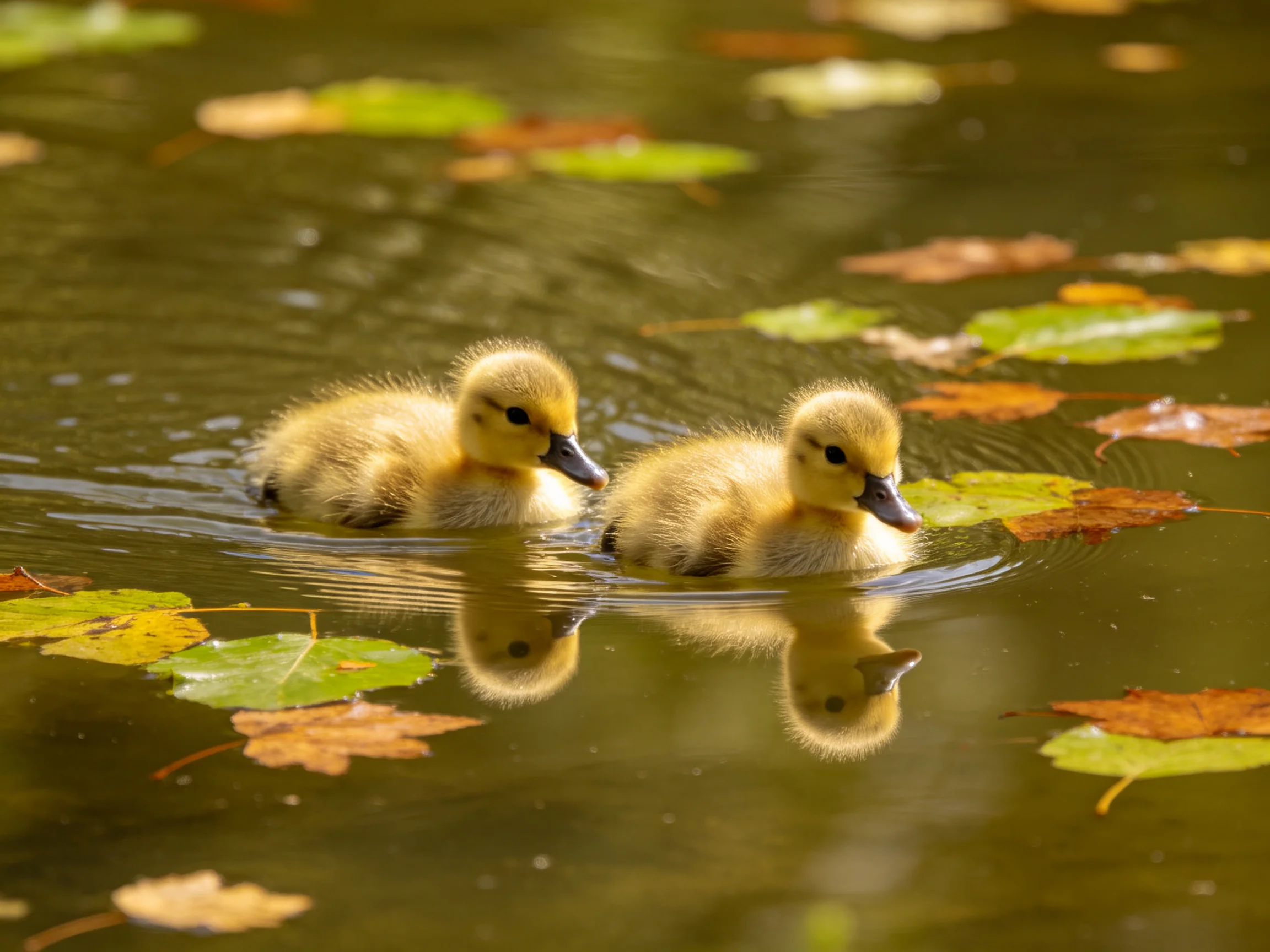 Two fluffy yellow ducklings swim amid colorful autumn leaves in still water.