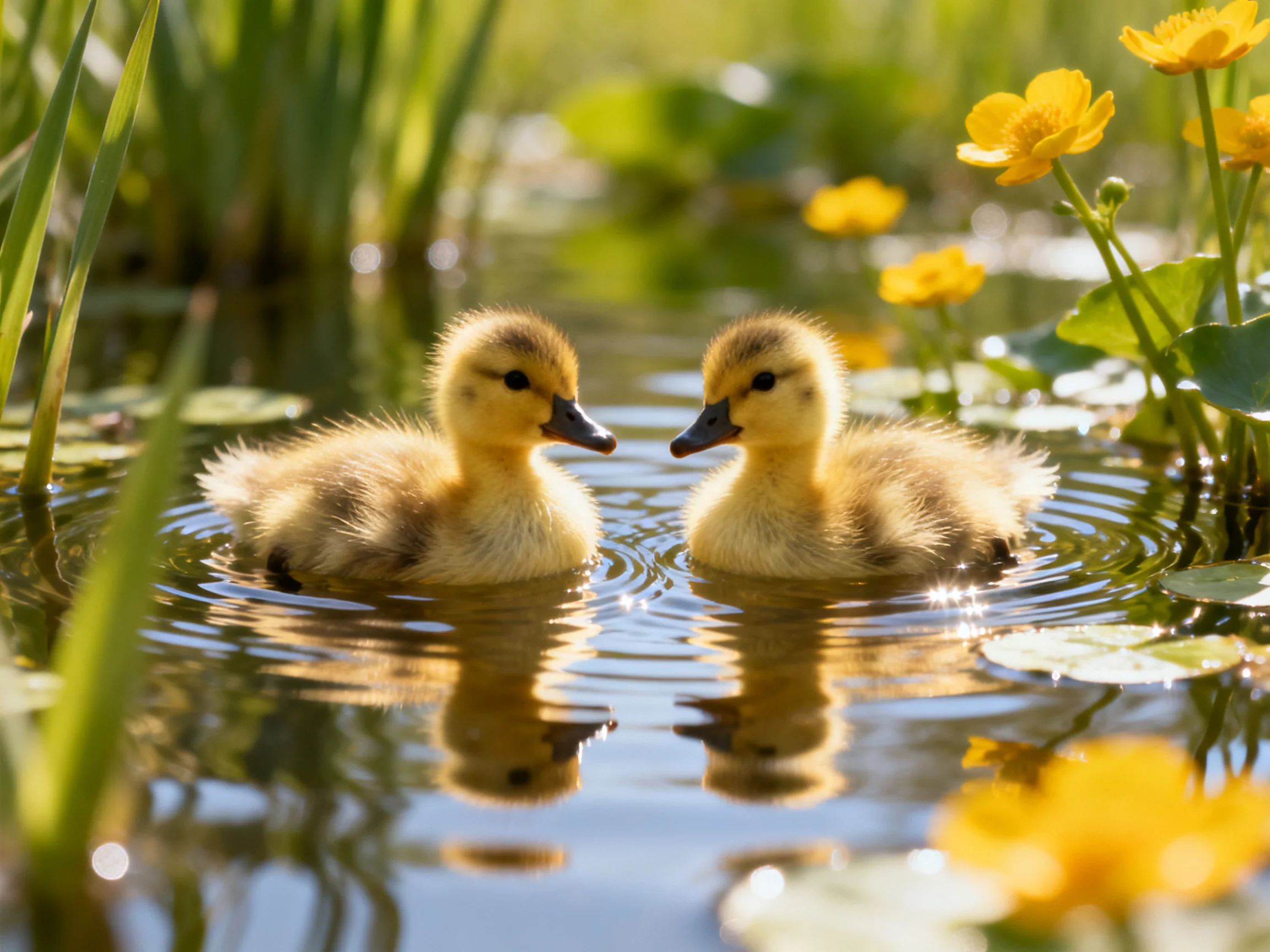 Two fluffy yellow ducklings swim in a calm pond near bright yellow flowers