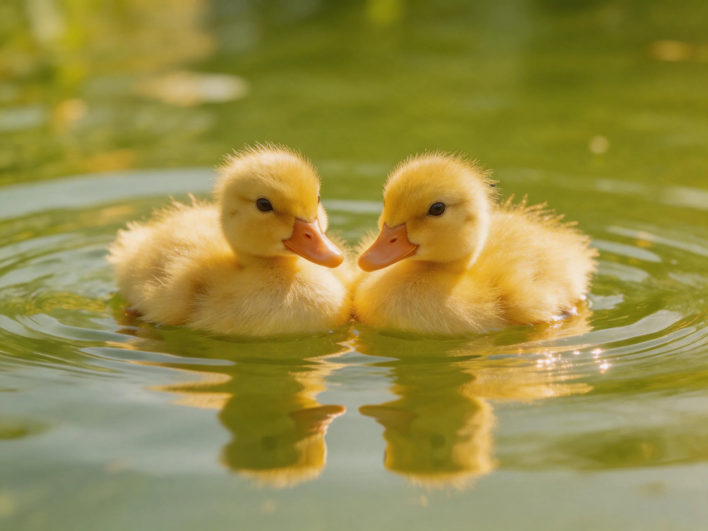 Two fluffy yellow ducklings swim side by side in calm green water