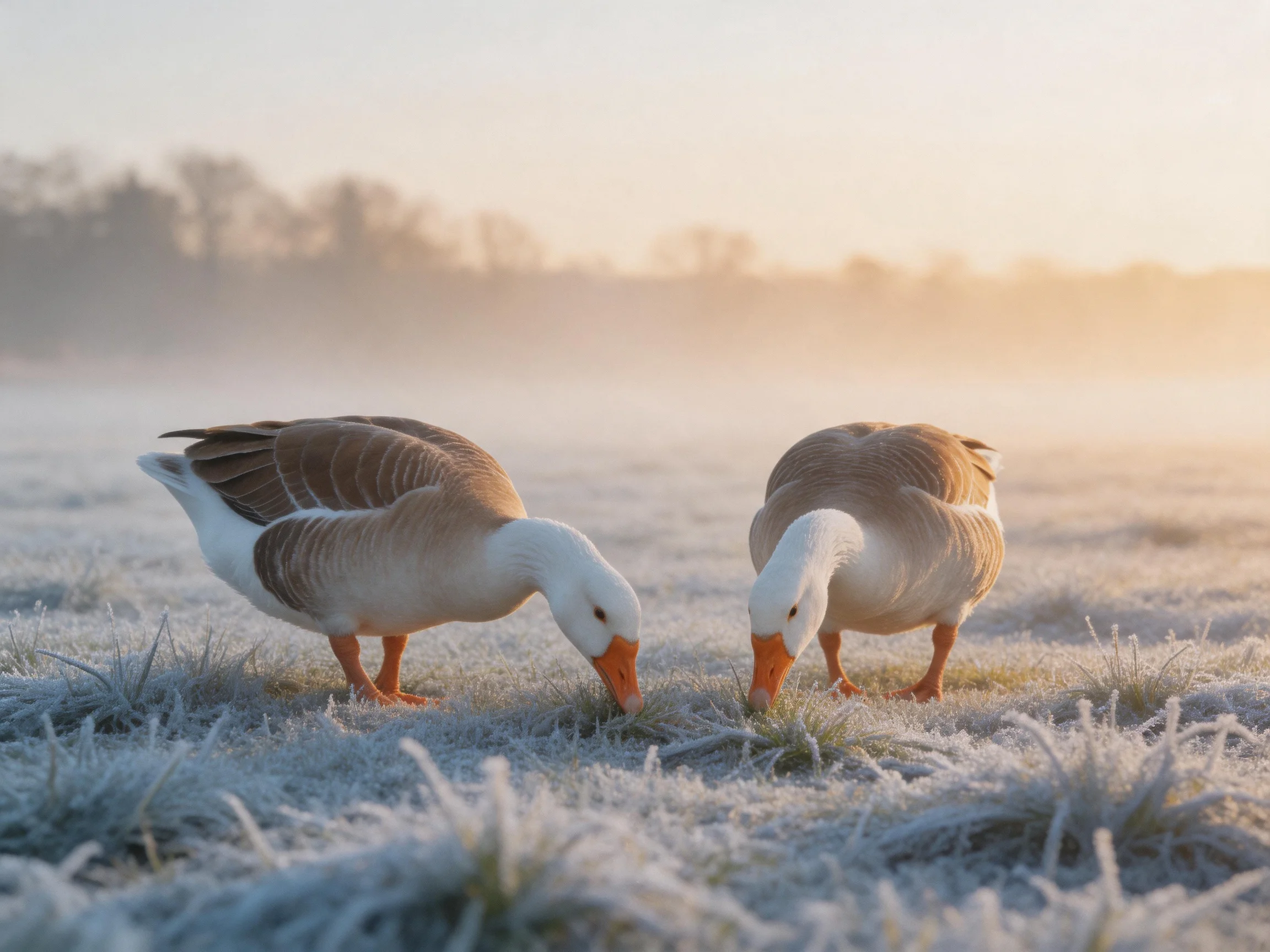 Two geese graze on frost-laden grass amidst morning mist
