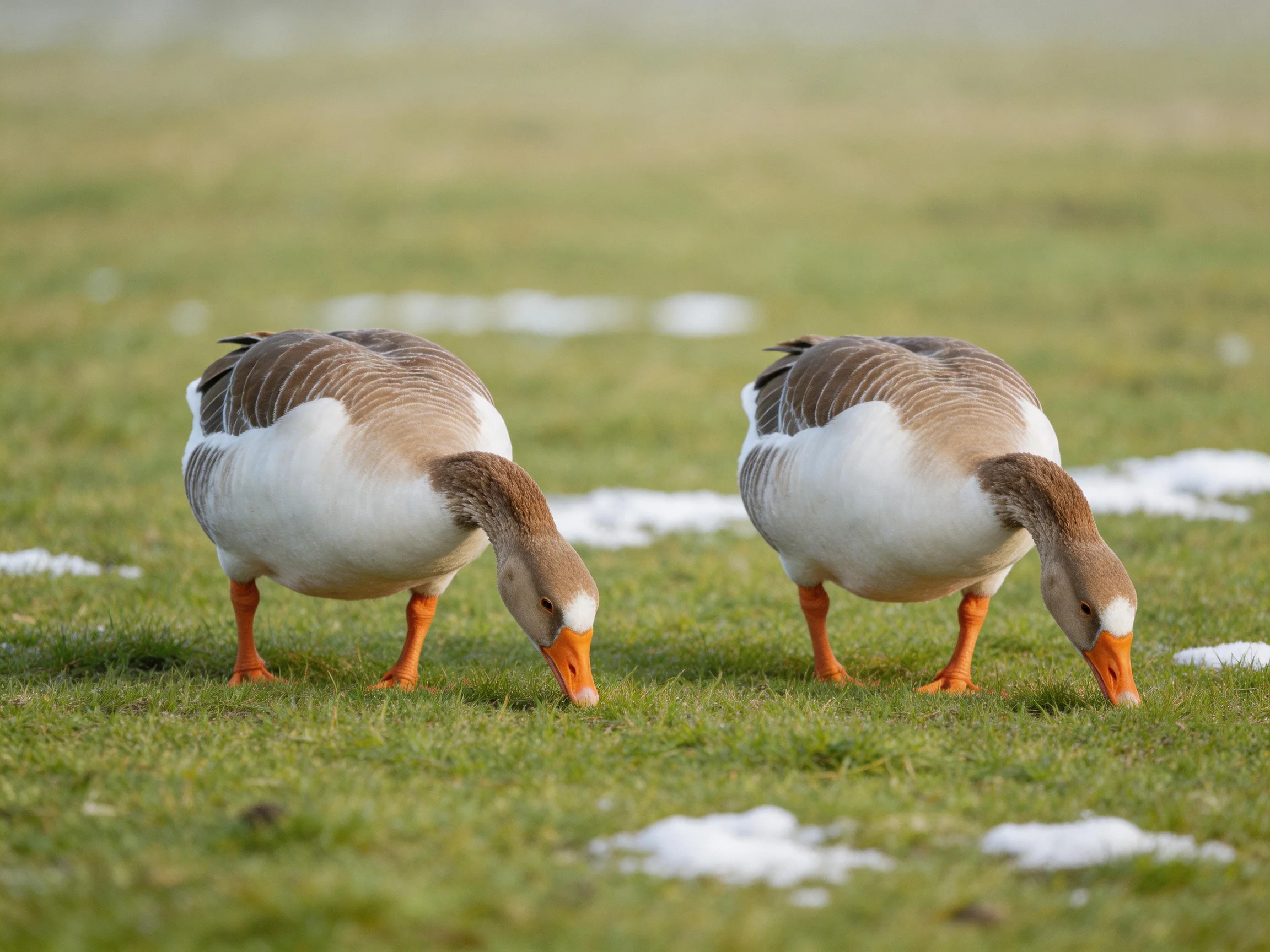 Two geese graze on green grass with scattered snow patches