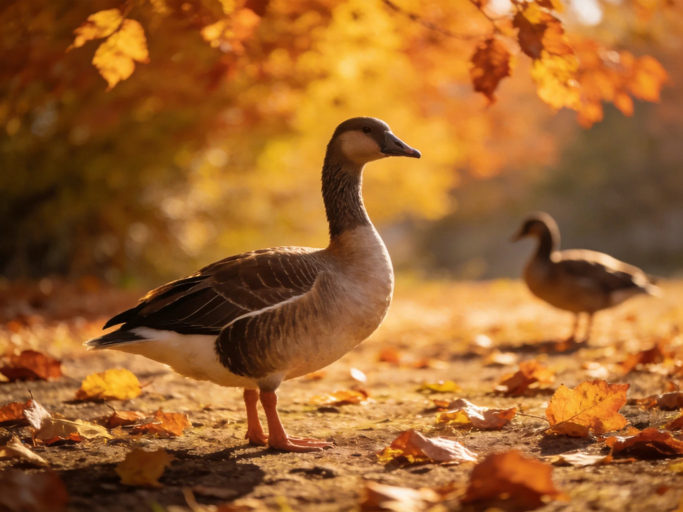 Two geese in a sunlit autumn scene with golden leaves