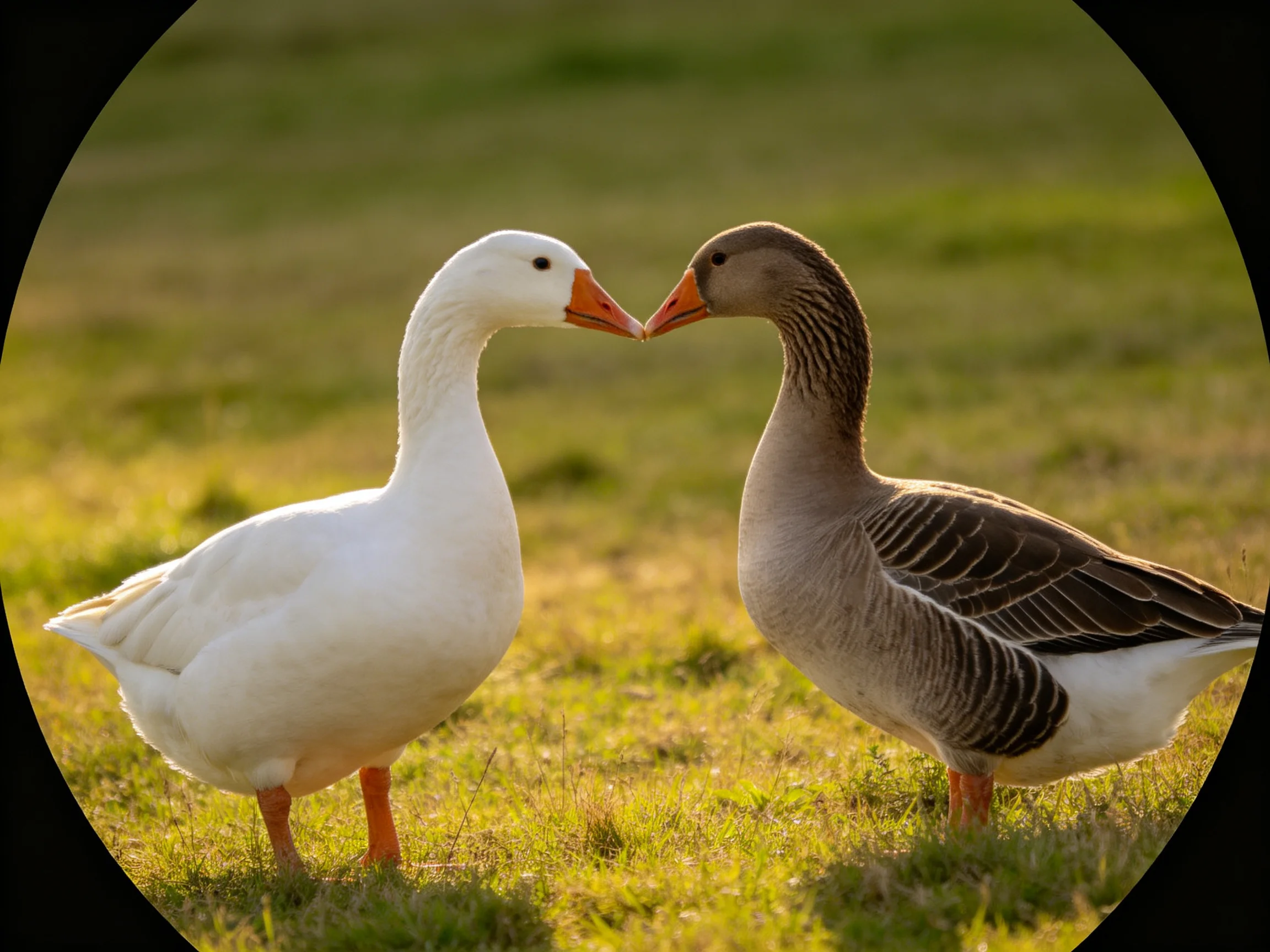 Two geese, one white and one gray-brown, nuzzle together on a sunlit meadow