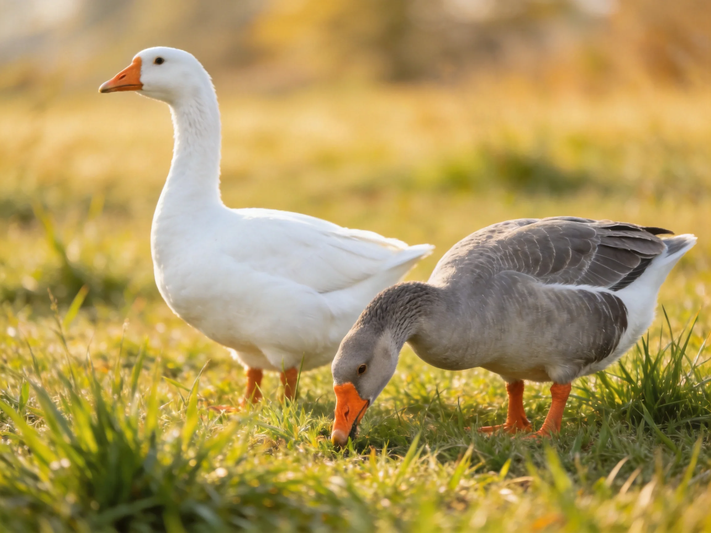 Two geese, one white and one gray, foraging in a sunlit meadow