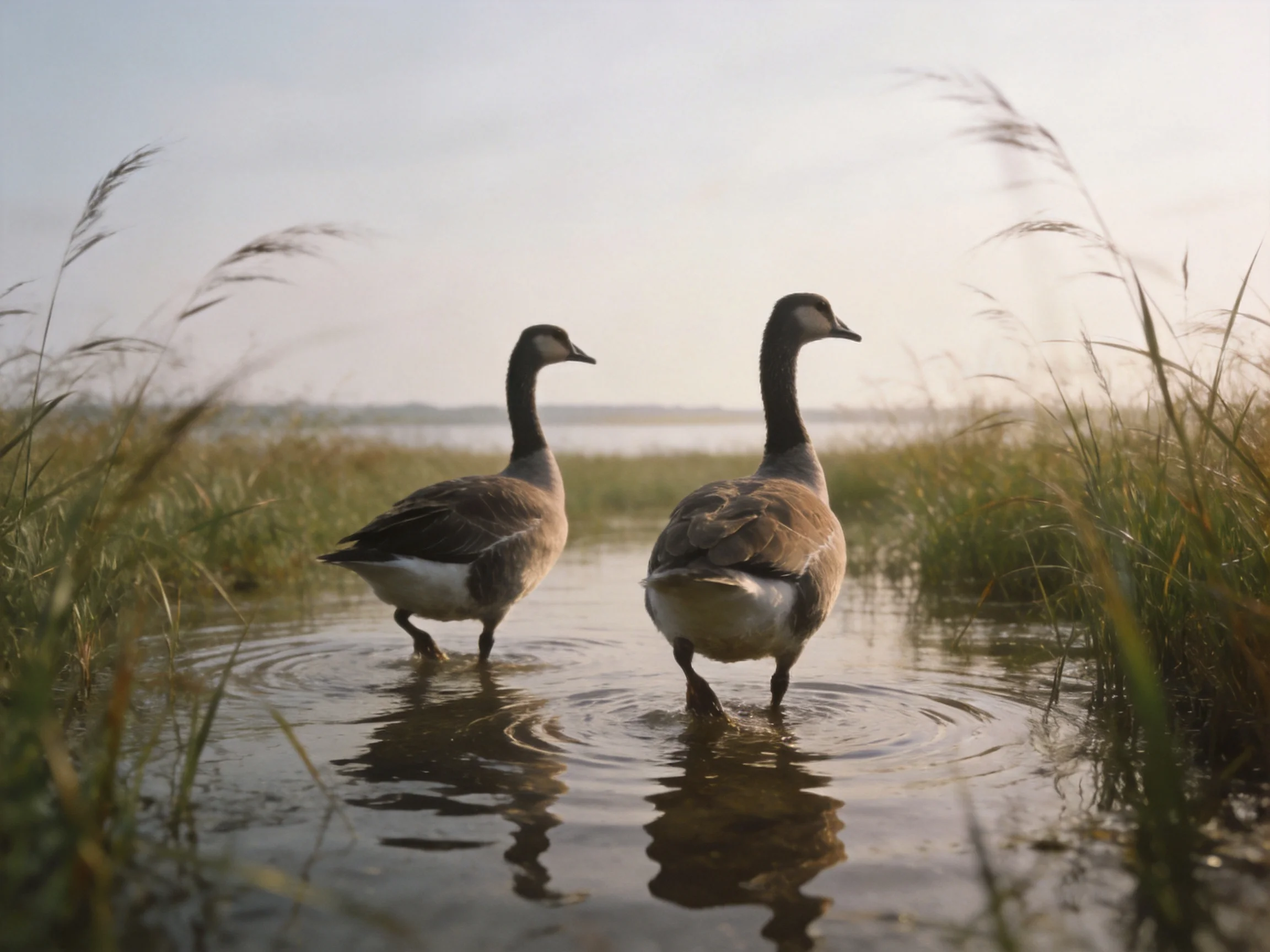 Two geese wade through shallow marsh water near tall grasses