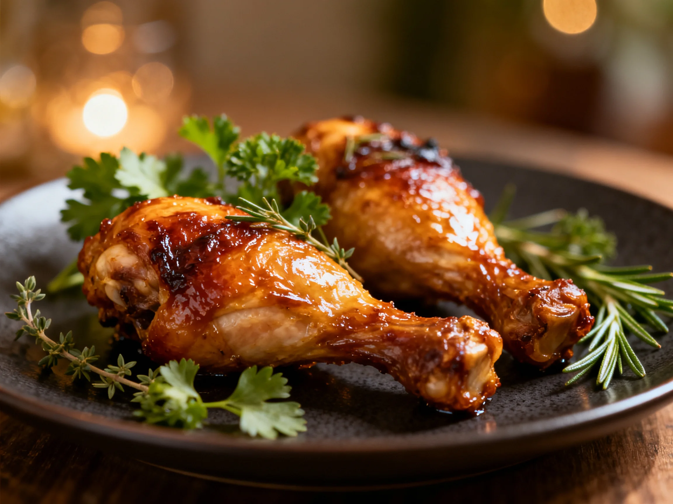Glazed chicken drumsticks garnished with fresh herbs are served on a dark plate.