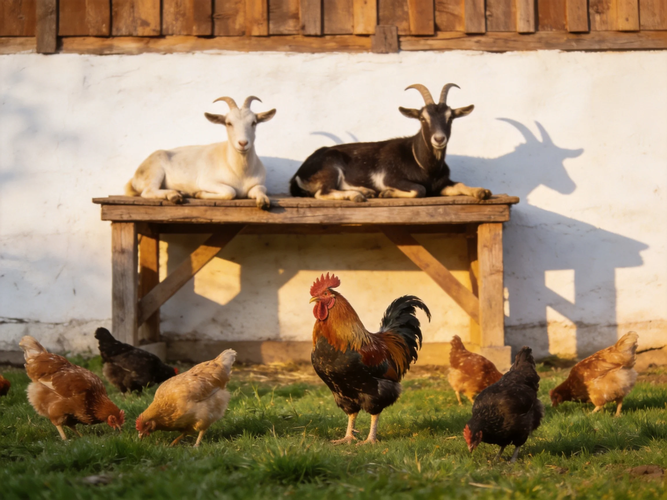 Two goats rest on a wooden bench with chickens foraging near a white wall