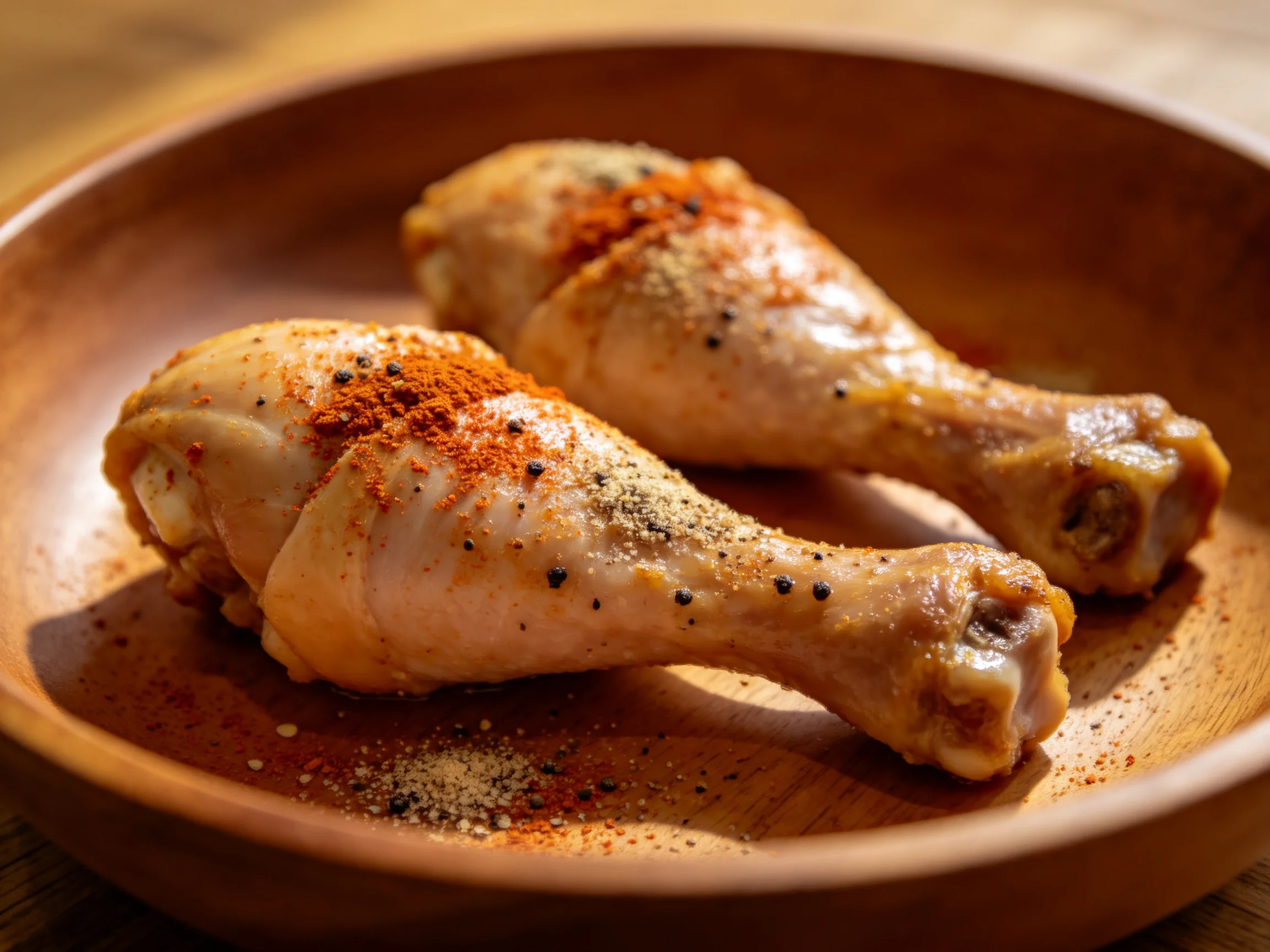 Seasoned chicken drumsticks presented in a wooden bowl with assorted spices.
