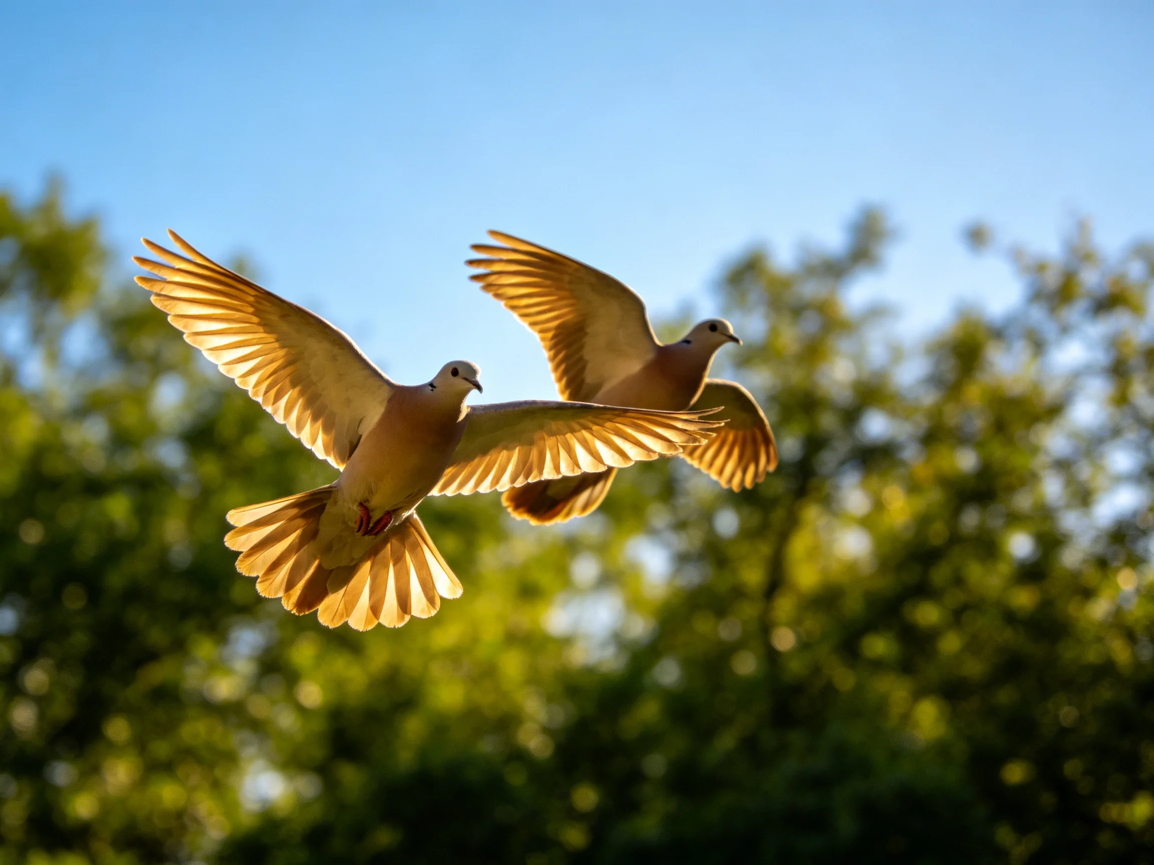Two golden-hued doves soar through the air near green foliage