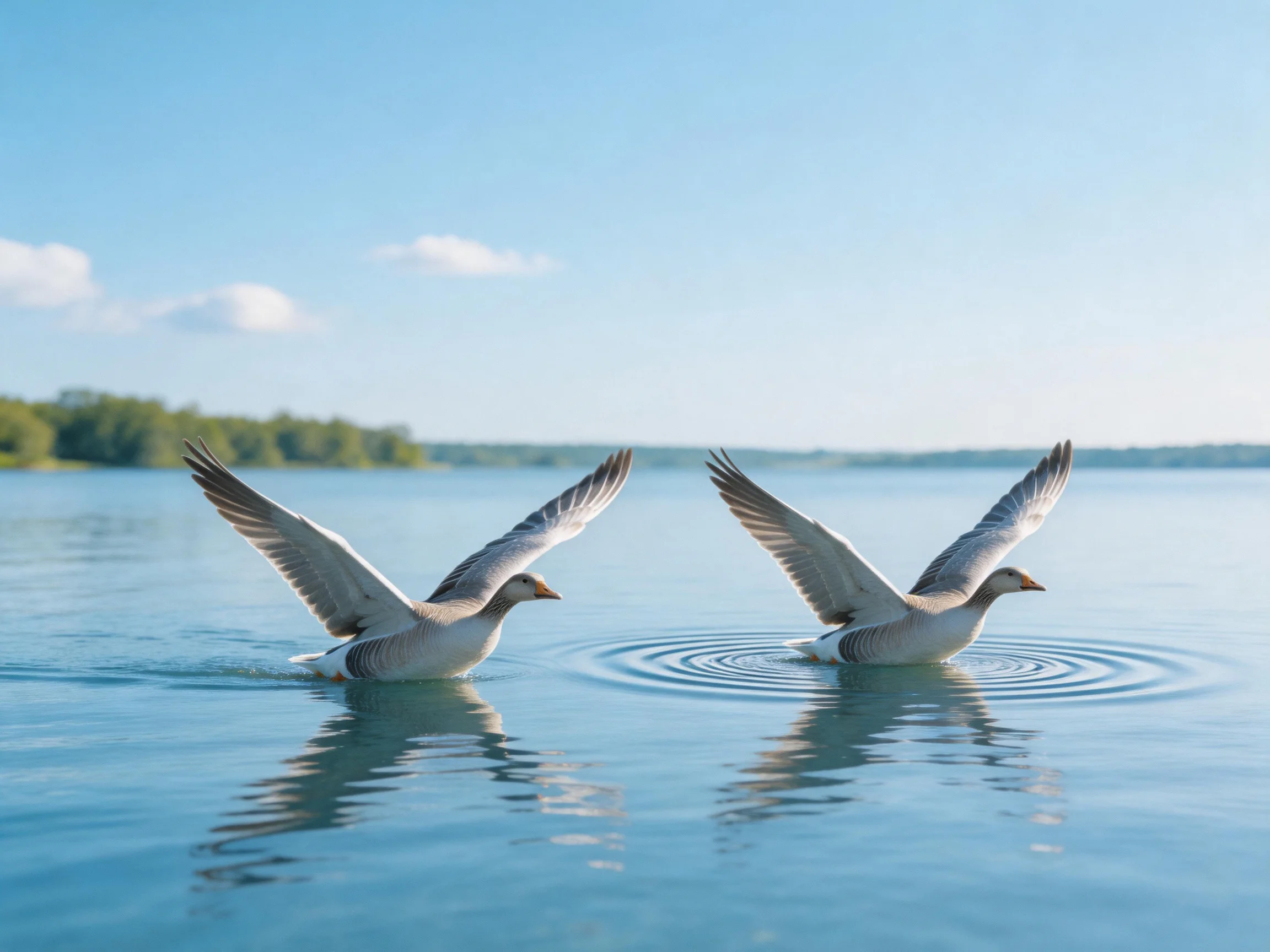 Two gray and white geese fly over a calm blue lake