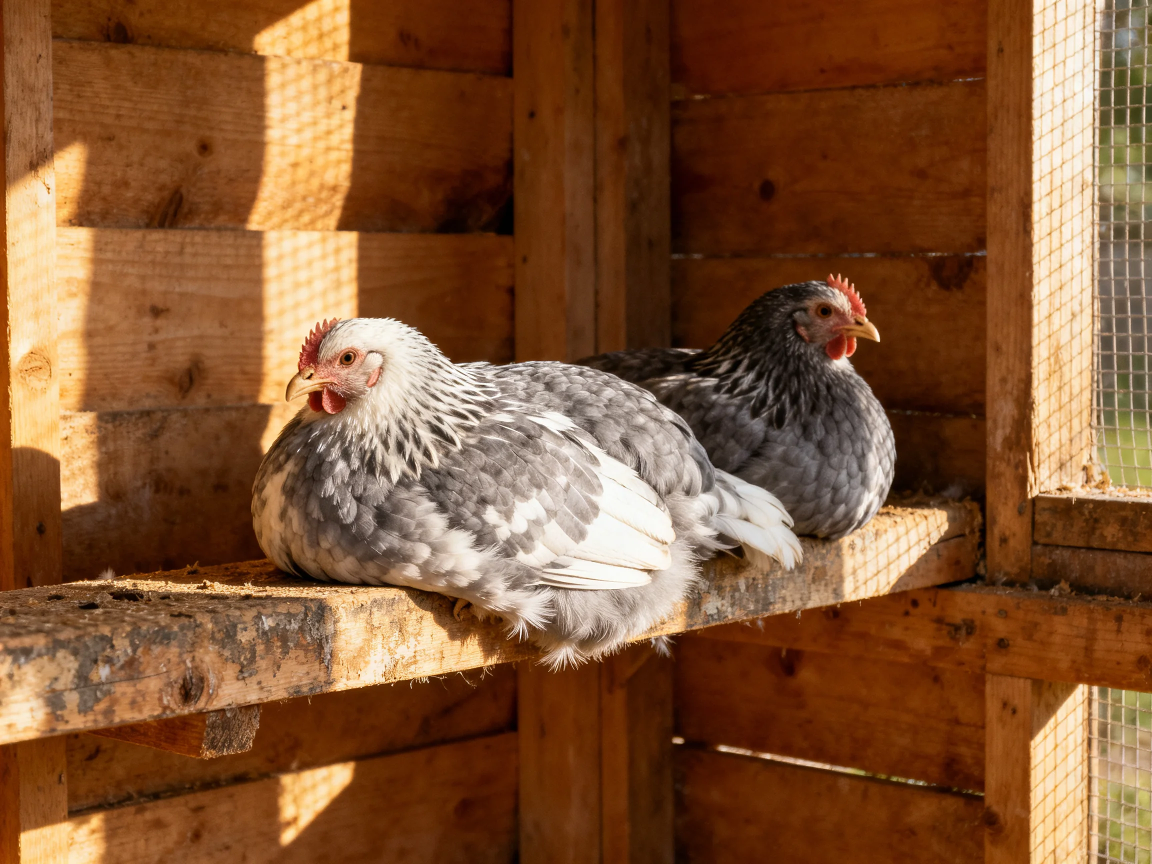 Two gray and white hens resting in a wooden chicken coop