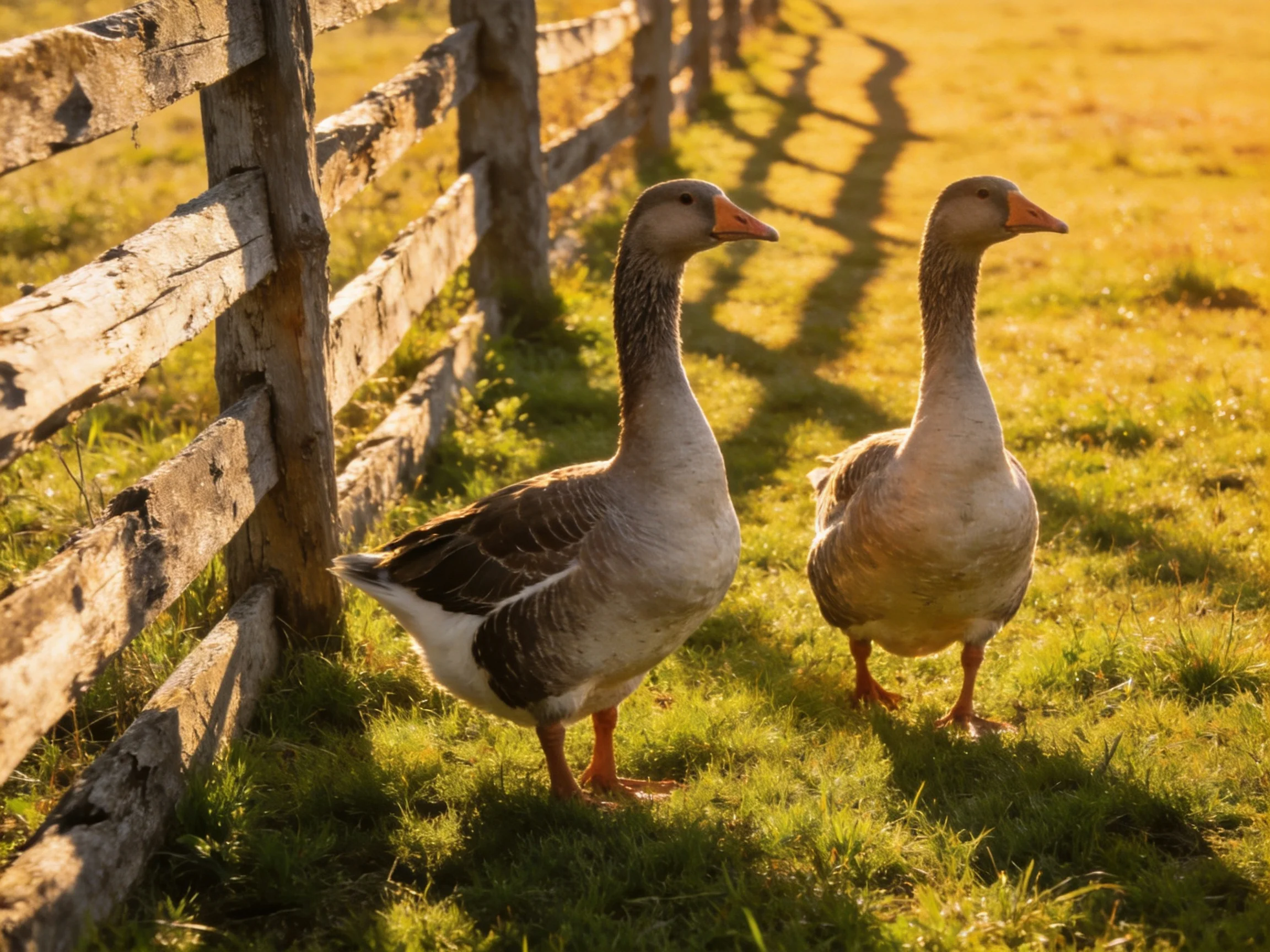 Two gray-brown geese near an aged wooden fence on sunlit grass