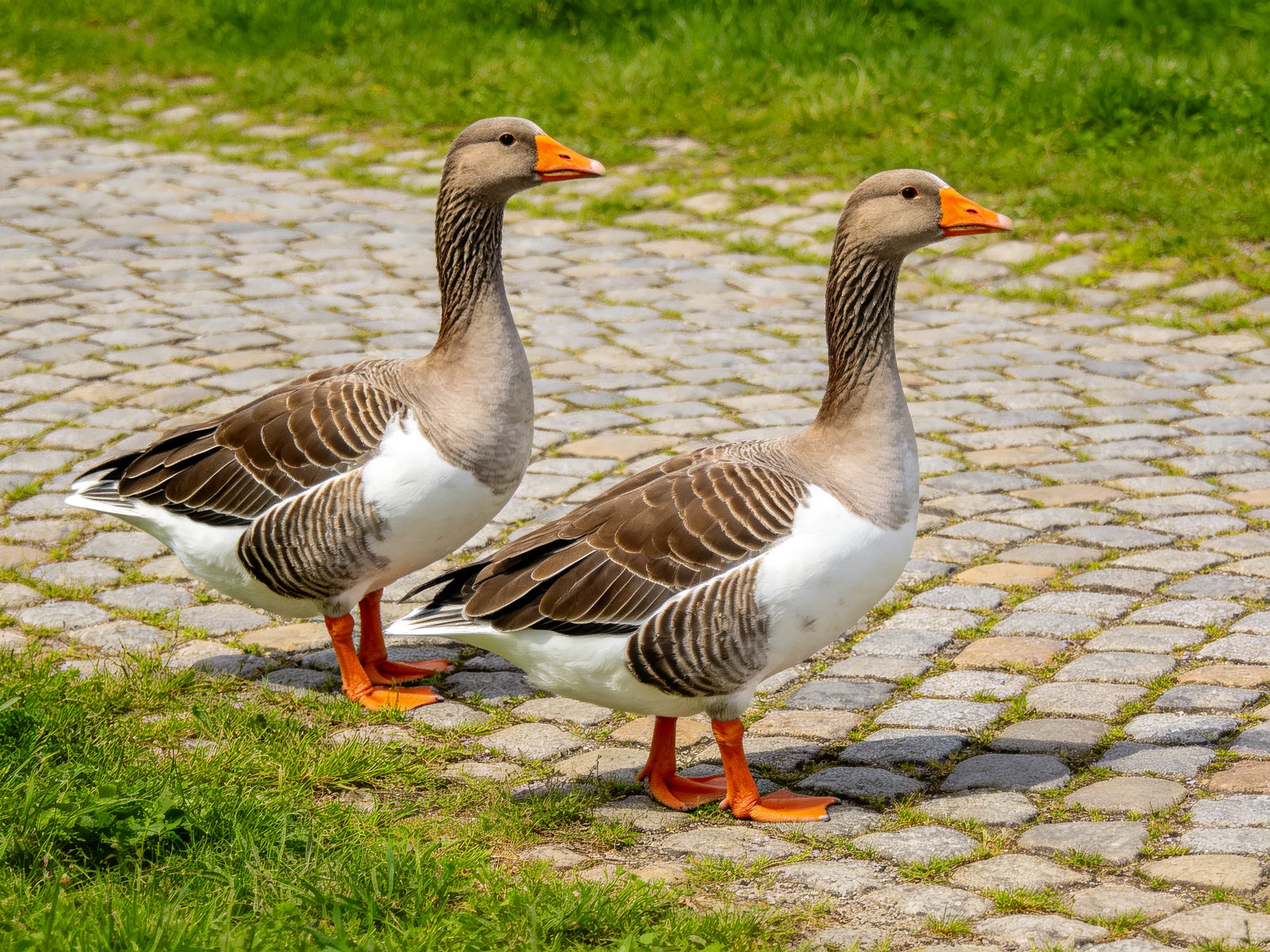 Two gray-brown geese with bright orange beaks walk on a cobblestone path adjacent to green grass.