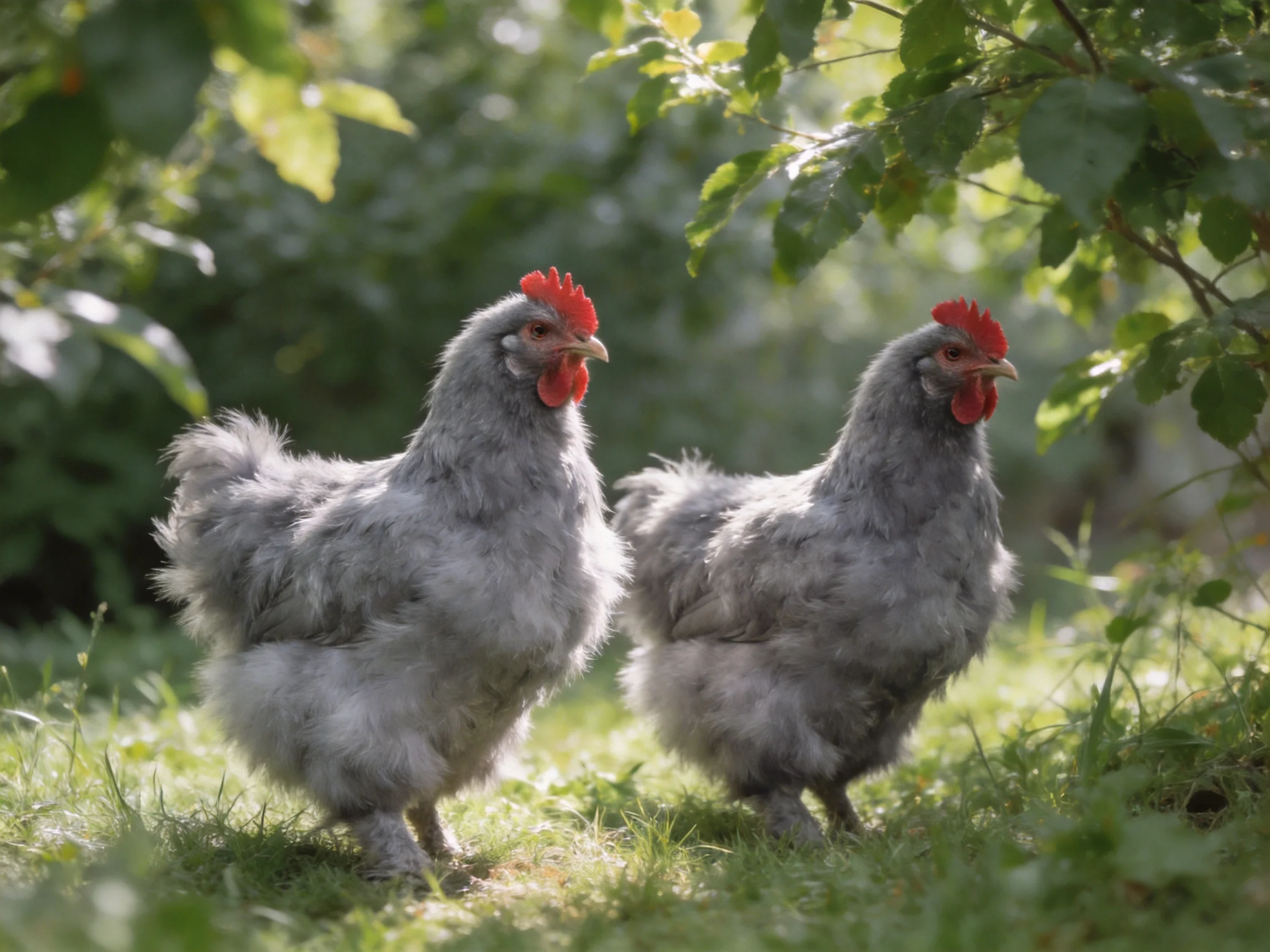 Two gray chickens with red combs walk through green grass