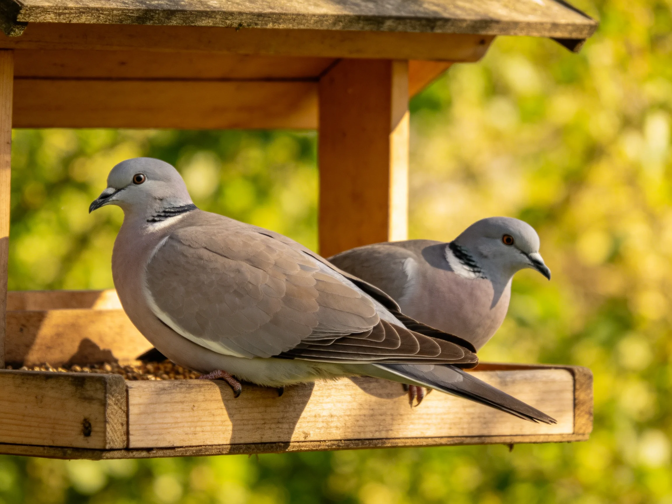 Two gray doves perch on a wooden bird feeder in a sunlit garden