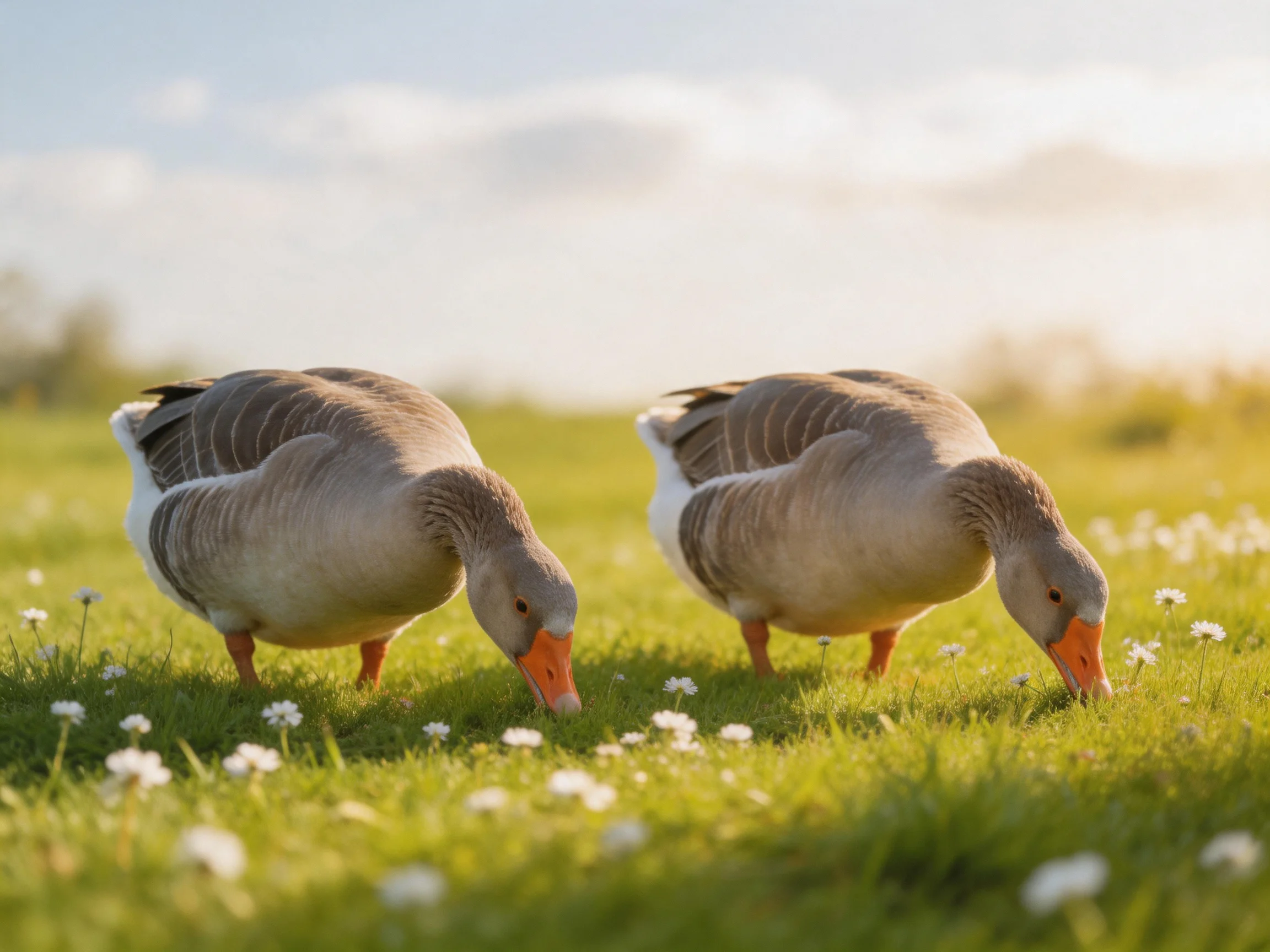 Two gray geese graze in a sunlit meadow with white wildflowers