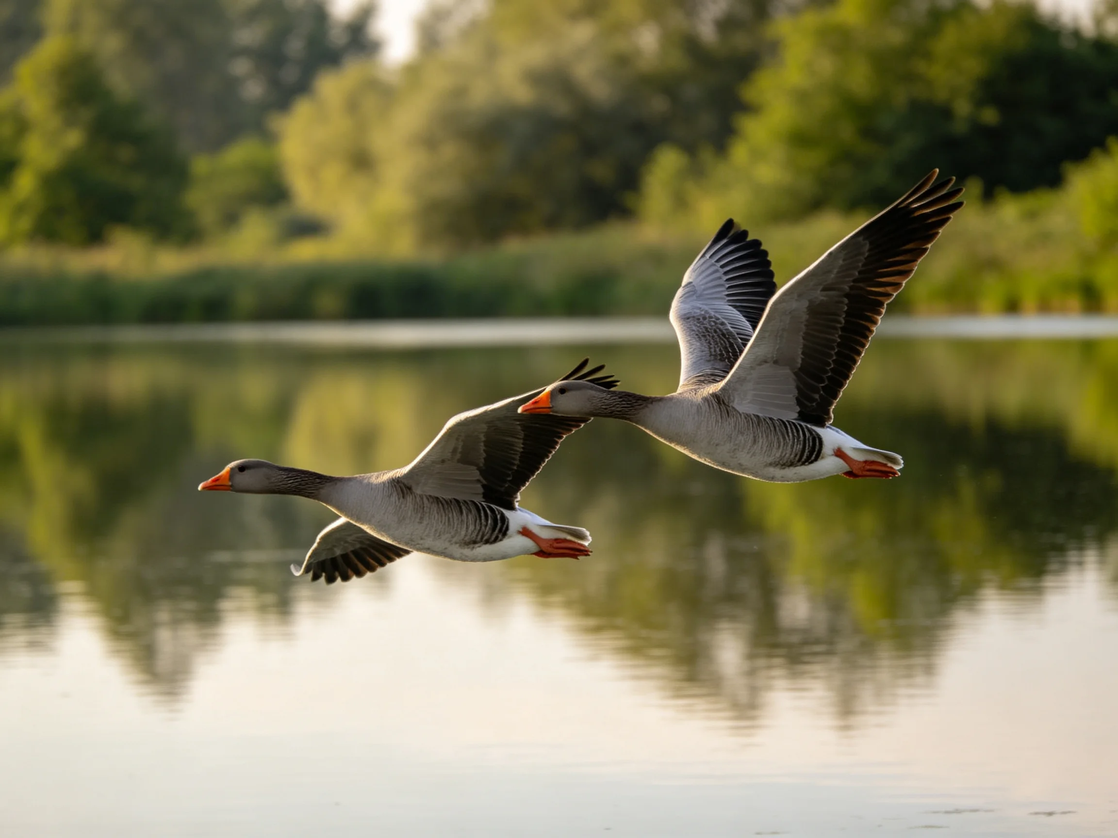 Two gray geese soar over tranquil water near lush green foliage