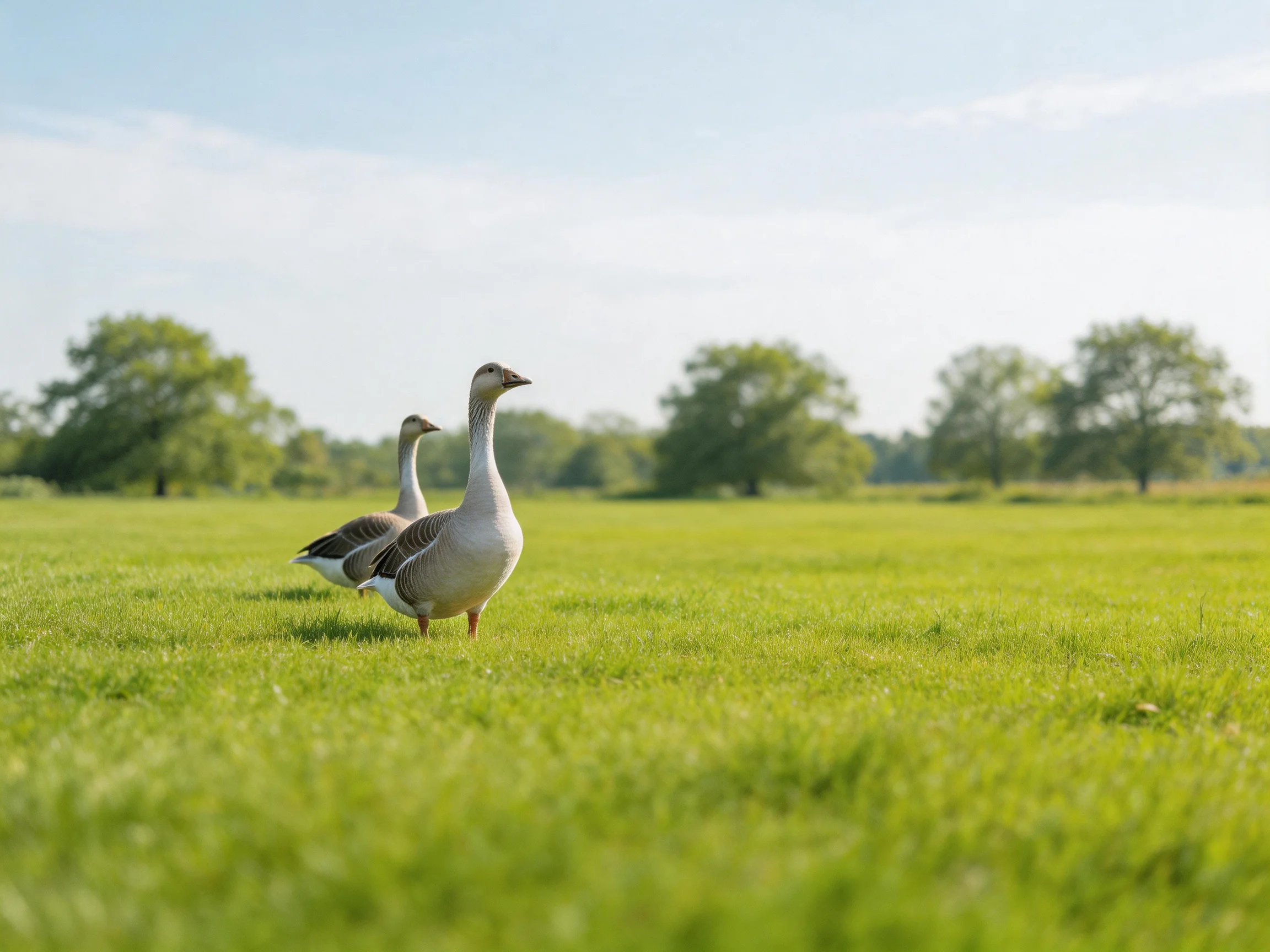 Two gray geese stand on a lush green meadow with distant trees